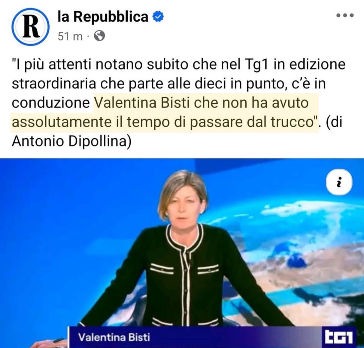 Solidarietà a Valentina Bisti. C'è chi fa la giornalista e pensa alle notizie e chi si occupa di make-up. Il dubbio resta: un simile commento lo avremmo letto sul giornale diretto dall'ex direttore del Tg3 se in onda ci fosse stato un uomo?