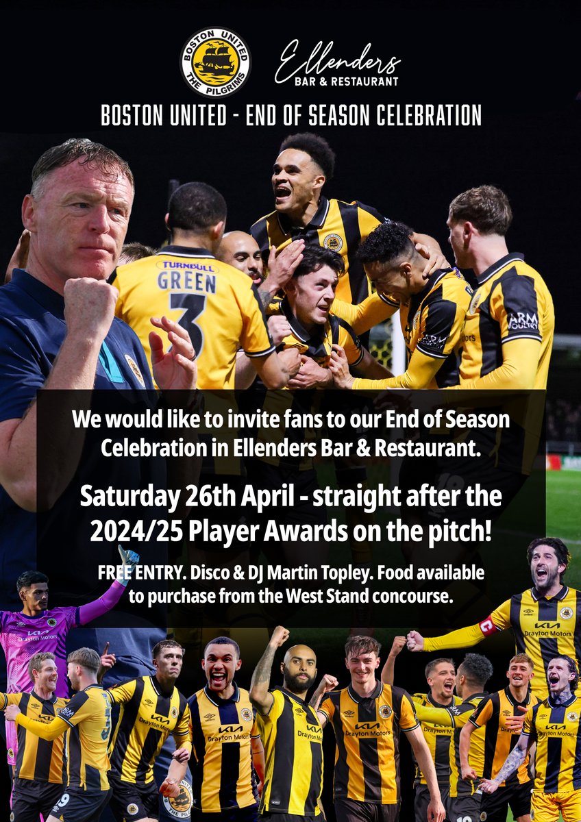 🧡🖤 This Saturday we are inviting fans to join us in <a href="/EllendersBUFC/">Ellenders</a>  for an End of Season celebration after the 2024/25 player awards on the pitch. The event will be free entry and there will be a DJ &amp; disco, with food available to purchase in the West Stand concourse (entry via