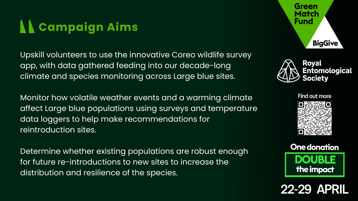 Royal Entomological Society (@royentsoc) on Twitter photo Our #BigGive campaign aims to
🐜 Upskill volunteers to monitor Large blue sites
🐛 Monitor how #ClimateChange affects populations & new sites
🦋 Increase distribution & resilience via re-introductions
Make double the difference this week 22-29 April 🔽
donate.biggive.org/campaign/a05WS… Our #BigGive campaign aims to
🐜 Upskill volunteers to monitor Large blue sites
🐛 Monitor how #ClimateChange affects populations & new sites
🦋 Increase distribution & resilience via re-introductions
Make double the difference this week 22-29 April 🔽
donate.biggive.org/campaign/a05WS…