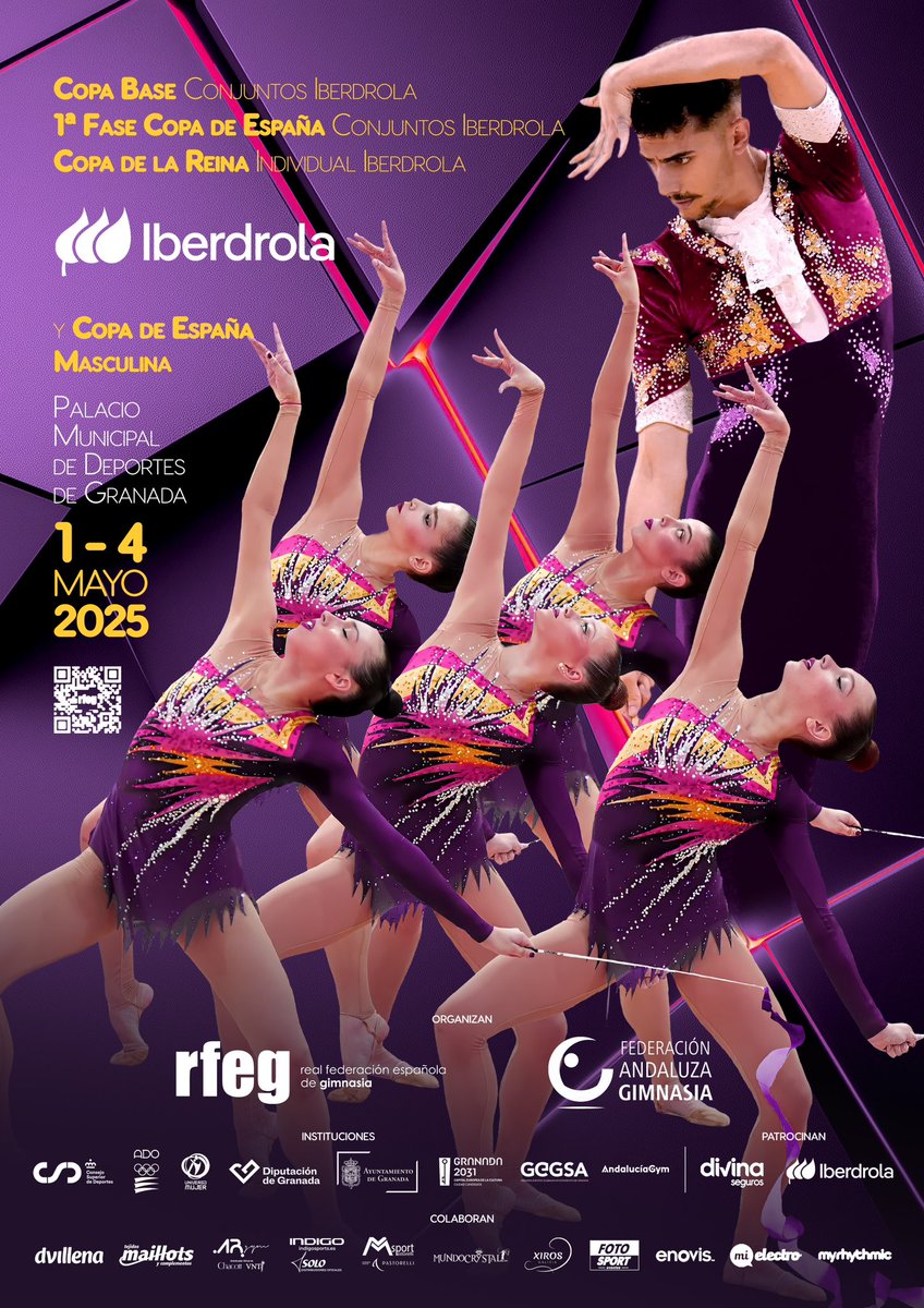 Comparto con vosotros el cartel del evento que celebraremos del 1 al 4 de mayo en el Palacio Municipal de Deportes de #Granada: Copa Base de conjuntos, 1ª fase Copa de la España de conjuntos, Copa de la Reina y la Copa de España masculina. 

¡Os esperamos! #GRGranada25