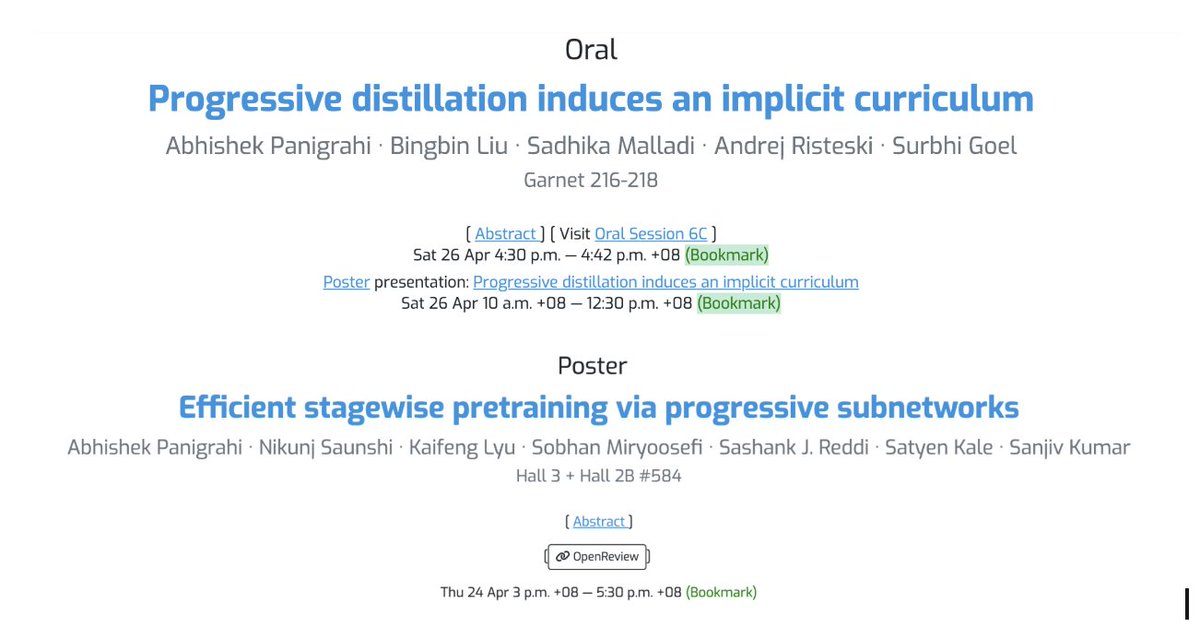 🎉Excited to present 2 papers at #ICLR2025 in Singapore!

🧠 Progressive distillation induces an implicit curriculum  
📢 Oral: Sat, 4:30–4:42pm @ Garnet 216–218  
🖼️ Poster: Sat, 10:00am–12:30pm (#632)

⚙️ Efficient stagewise pretraining via progressive subnetworks  
🖼️ Poster: