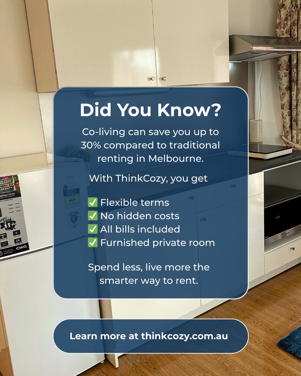 Think co-living is just about sharing space? Think again.
At ThinkCozy, our all-inclusive homes are designed to simplify your life and save you money, up to 30% compared to traditional renting in Melbourne.

Enjoy fully furnished rooms, flexible terms, and no surprise bills. Just