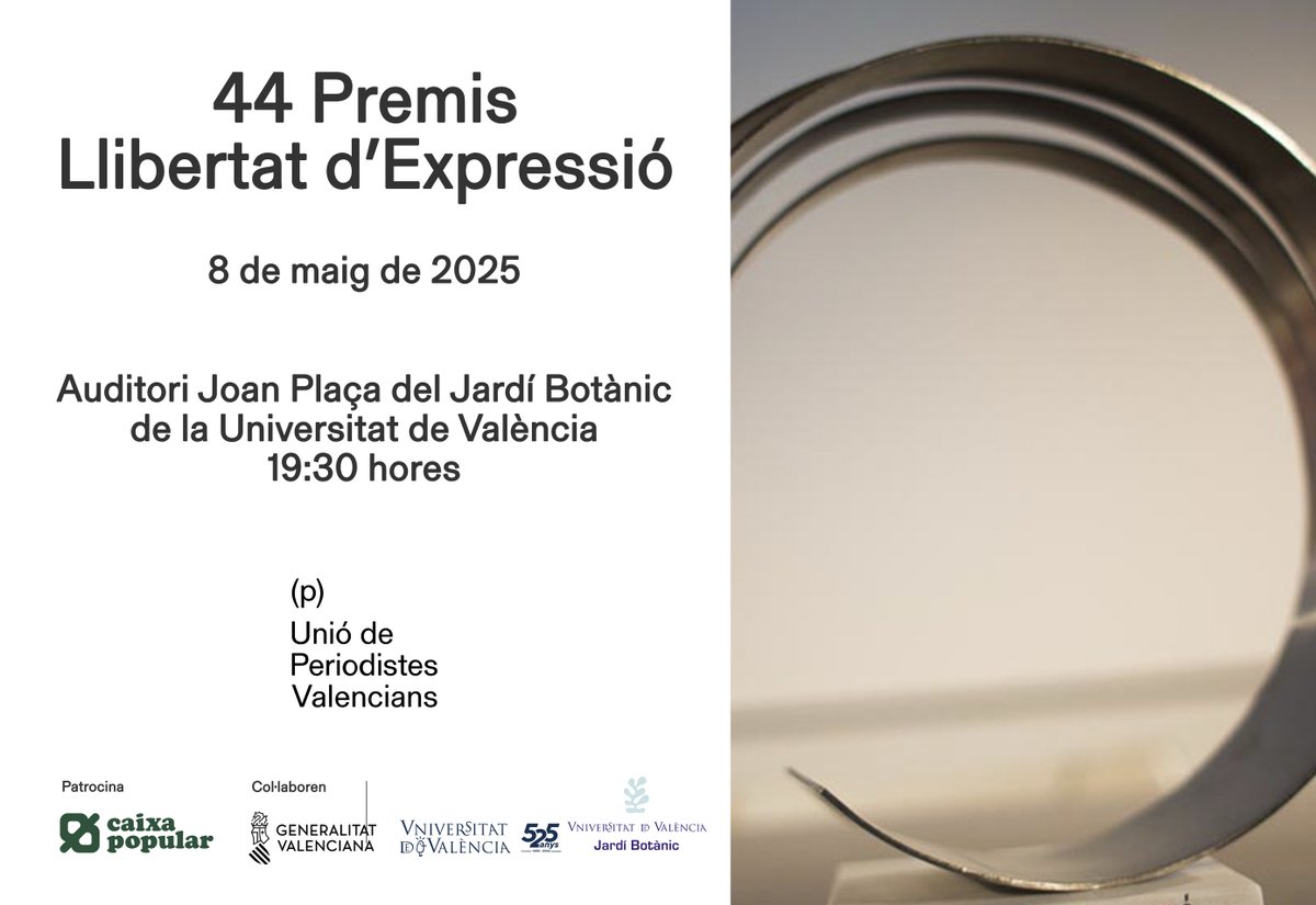 El 8 de maig celebrarem l'acte de lliurament de la 44 edició dels Premis Llibertat d'Expressió, que enguany guardonen <a href="/JulianAssange_/">Julian Assange</a> i els i les periodistes que van cobrir la DANA a València.

📍 L'acte tindrà lloc al <a href="/JardiBotanicUV/">Jardí Botànic UV</a> a les 19:30 h.

unioperiodistes.org/2025/03/01/la-…