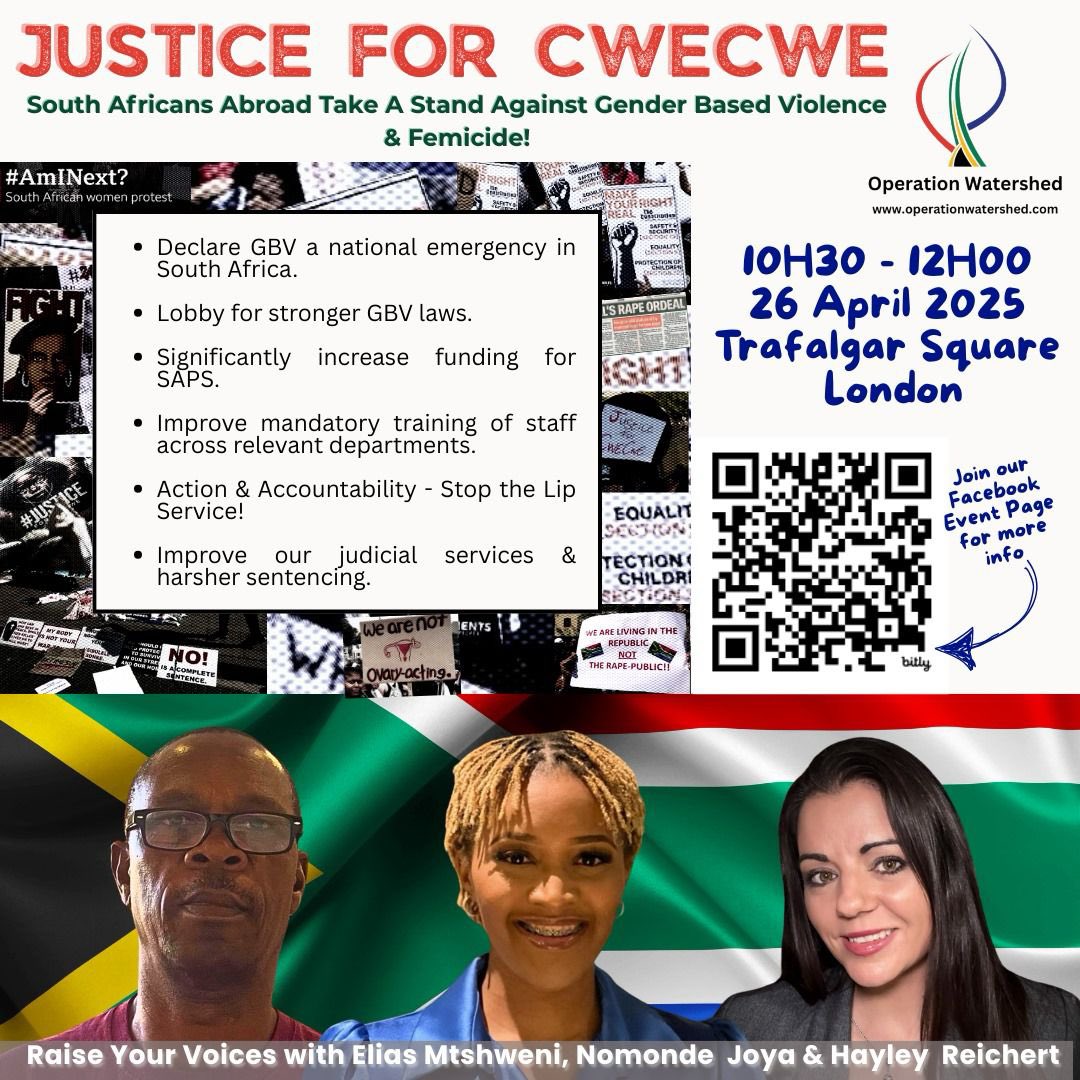 Calling all South Africans 🇿🇦based in London 🇬🇧! 

Operation WaterShed , led by Hayley Reichert is organising a gathering on the 26th April 2025 against Gender Based Violence in South Africa. 

Raising her voice alongside Elias Mtshweni and Nomonde Jaya, they are working with
