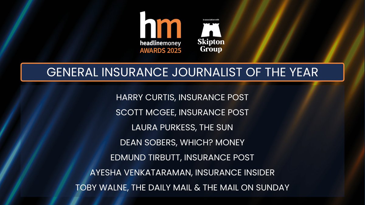 And here’s the General Insurance Journalist of the Year #HMAwards25 shortlist! 
 
 Congratulations to 👏

Ayesha Venkataraman, <a href="/dean_sobers/">Dean Sobers</a>, Edmund Tirbutt, Harry Curtis, <a href="/laurapurkess/">Laura Purkess</a>, <a href="/SKPMcGee/">Scott McGee</a> &amp; <a href="/tobywalne/">Toby Walne</a>
 
 tinyurl.com/3wkkrzkp