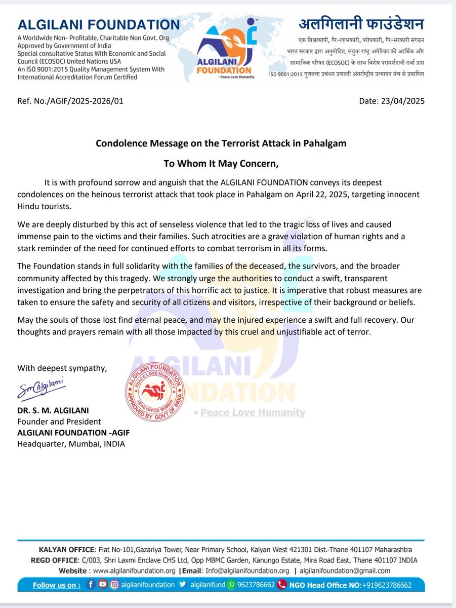 AlgilaniFund's tweet photo. Condolence Message on the Terrorist Attack in Pahalgam from Algilani Foundation 

#algilanifoundation 
#pahalgam https://t.co/4LRIkPLHo7