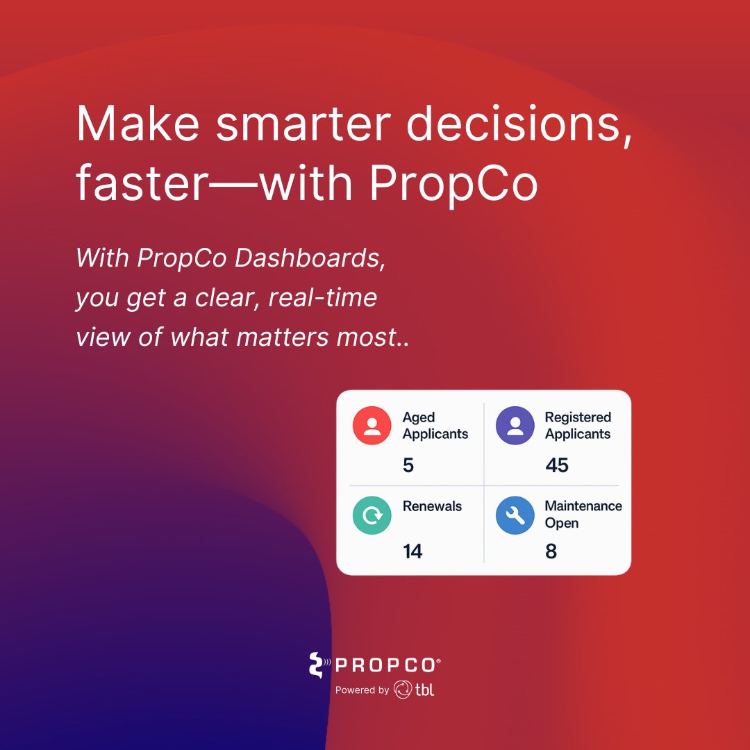 PropCo Dashboards give you a clean, real-time view of key metrics:

📍 Aged applicants
📝 Registered applicants
🔁 Upcoming renewals
🛠️ Open maintenance tasks and more—all on one screen.

💡 See everything. Act faster. Stay ahead.

#PropTech #PropertyManagement #SmartInsights