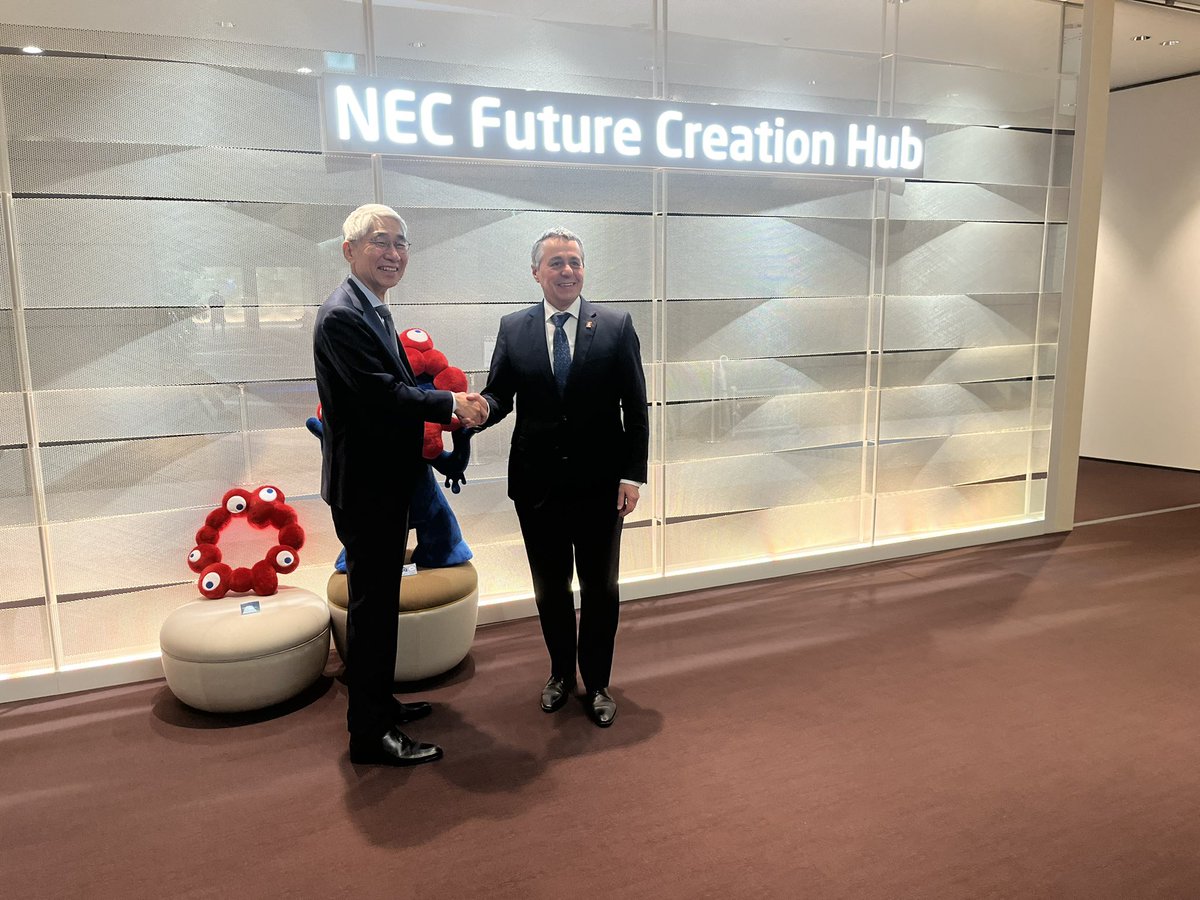Very pleased to visit #NEC and meet CEO Takayuki Morita upon my arrival in #Tokyo. 
During our meeting <a href="/NEC_jp_pr/">NEC (公式)</a>  informed us of its decision to establish its global HQ for Digital Government and Digital Finance in #Zurich . This decision underscores 🇨🇭’s strong ecosystem — and
