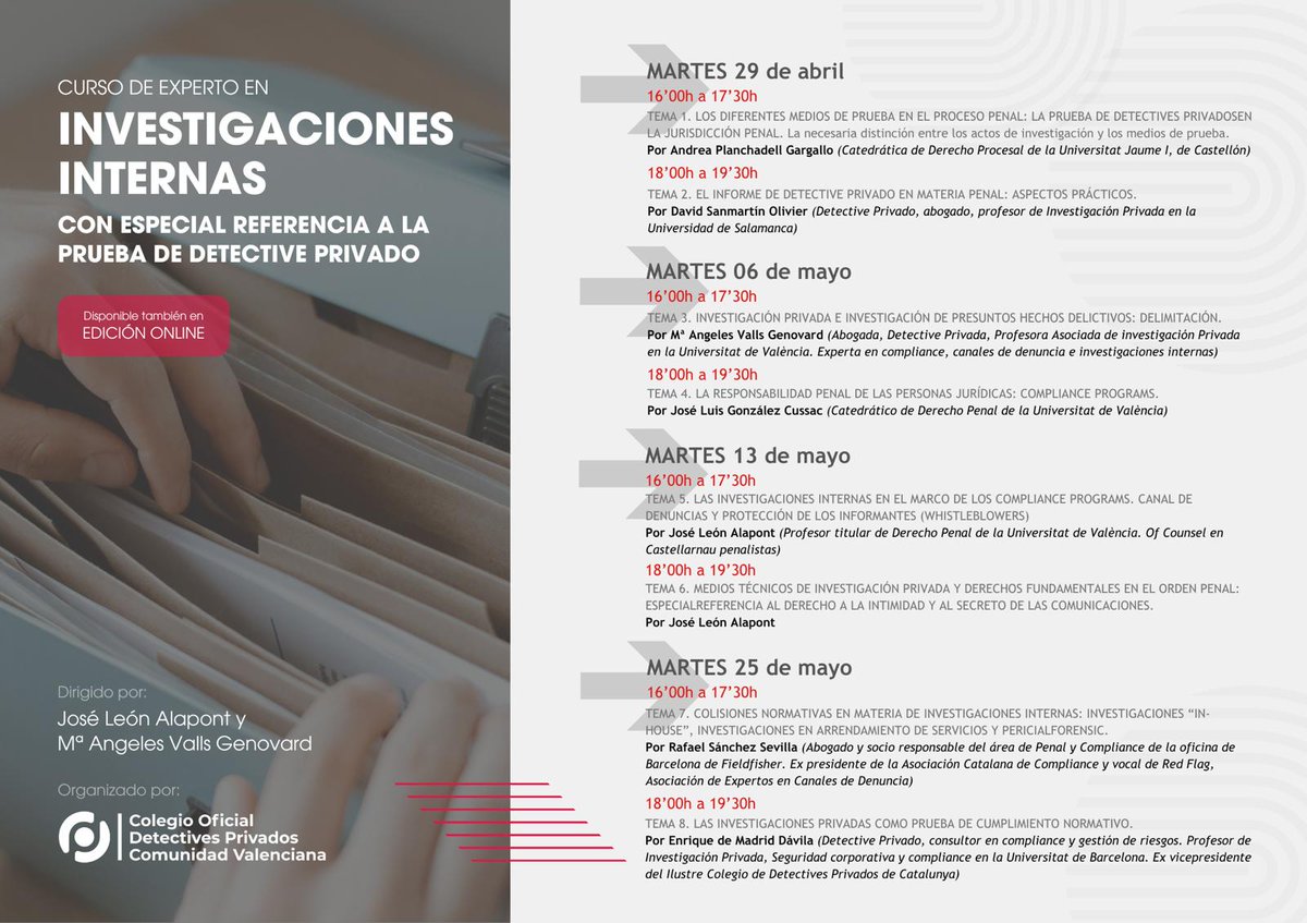 ¡CURSO GARANTIZADO!. Los martes, 29 de abril, 6, 13 y 20 de mayo. 
¡Si todavía estás interesado en el curso sobre investigaciones internas con especial referencia a la prueba de detective, aún estás a tiempo!
Organiza, <a href="/colegio_cv/">Colegio Oficial Detectives Privados CV</a> 
👉 Inscripciones: colegio@colegiodetectives.com