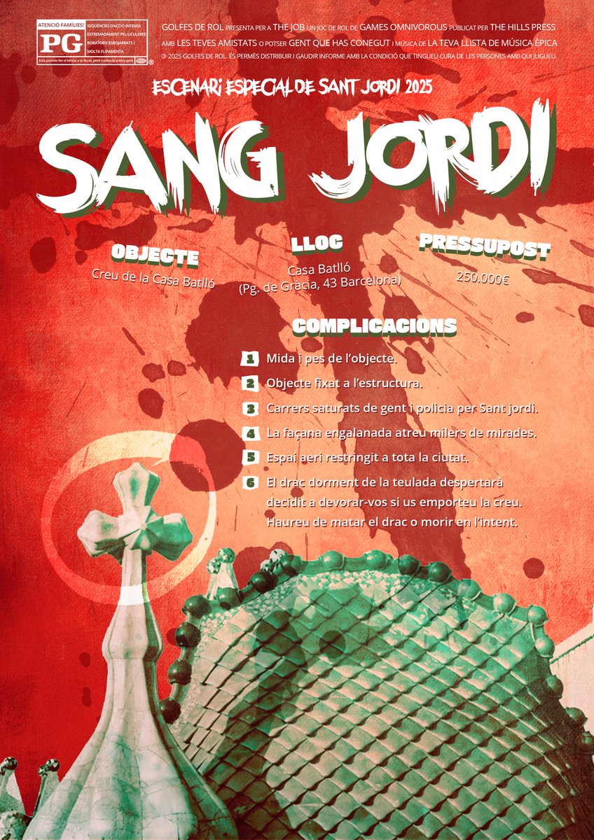 Un últim regal de Sant Jordi: SANG JORDI, escenari especial on haureu de robar la creu de la Casa Batlló custodiada pel drac dorment de la teulada.

Descarrega'l gratuïtament amb el suplement '15 Coses que pots robar a Catalunya si jugues a rol' aquí:
sergirpg.itch.io/15-coses-que-p…