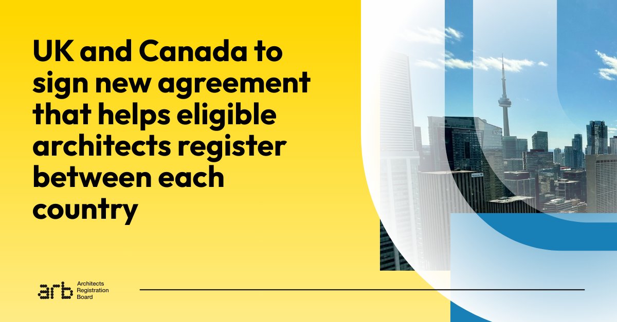 Architects Registration Board UK (@archreguk) on Twitter photo 🌍✍️ A new UK-Canada Mutual Recognition Agreement (MRA) is to be signed today, making it easier for eligible architects to register and work between the two countries.
Read more ▶ arb.org.uk/uk-and-canada-…
<a href="/biztradegovuk/">Department for Business and Trade</a> <a href="/FCDOGovUK/">Foreign, Commonwealth & Development Office</a> 🌍✍️ A new UK-Canada Mutual Recognition Agreement (MRA) is to be signed today, making it easier for eligible architects to register and work between the two countries.
Read more ▶ arb.org.uk/uk-and-canada-…
<a href="/biztradegovuk/">Department for Business and Trade</a> <a href="/FCDOGovUK/">Foreign, Commonwealth & Development Office</a>