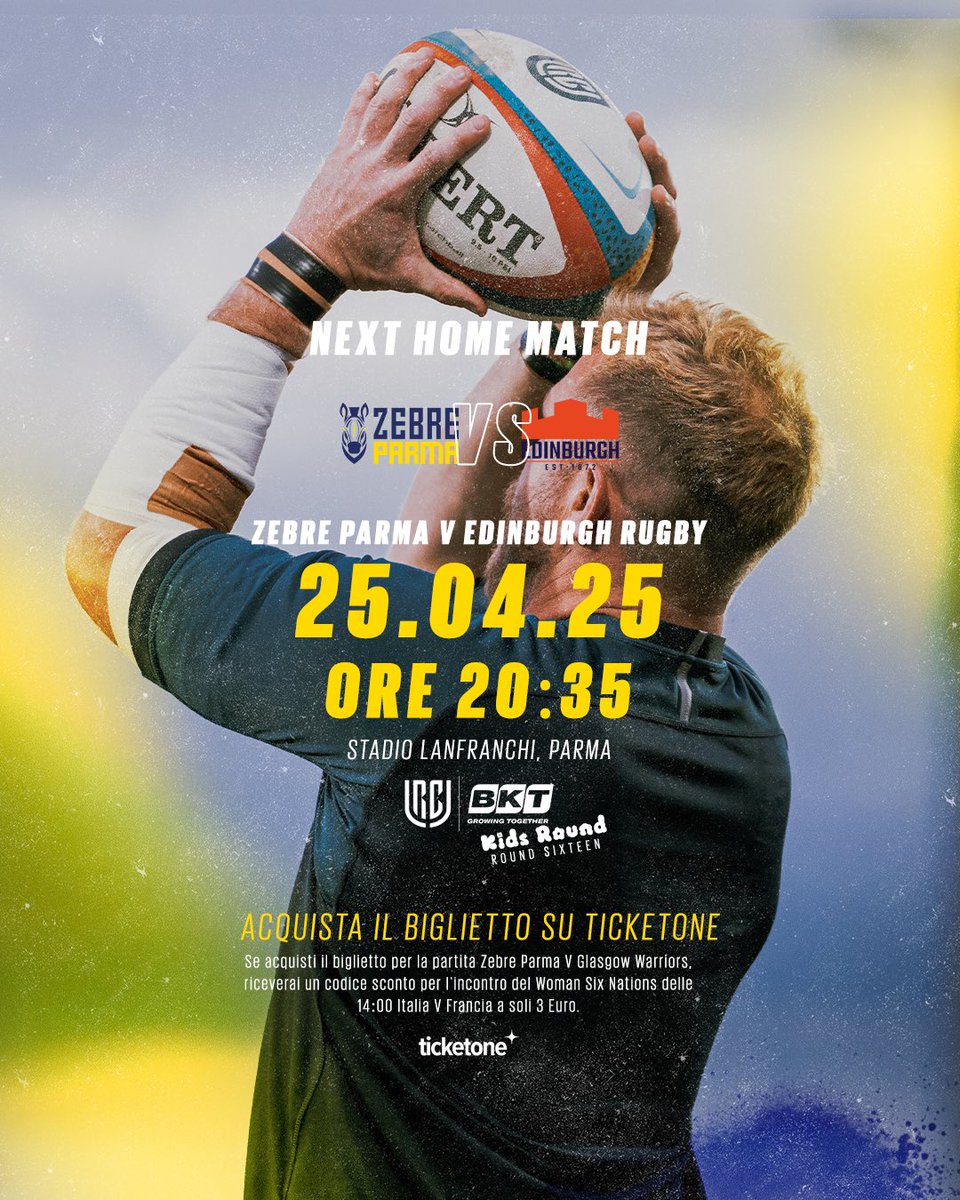 Vi aspettiamo venerdì 25 Aprile alle 20:35💛💙

🏉Round 16 @urc - Kids Round
🆚 Edinburgh Rugby 
📌Venerdì 25 Aprile
⏰20:35
🏟️Stadio Lanfranchi, Parma
📱#ZEBVEDI
💻Streaming <a href="/skysport/">skysport</a> @nowtvit 
🎫 Acquista il biglietto su <a href="/ticketone/">TicketOne/Gettix.com</a>

#URCBKT #ZEBVEDI #URC #WeAreZebre