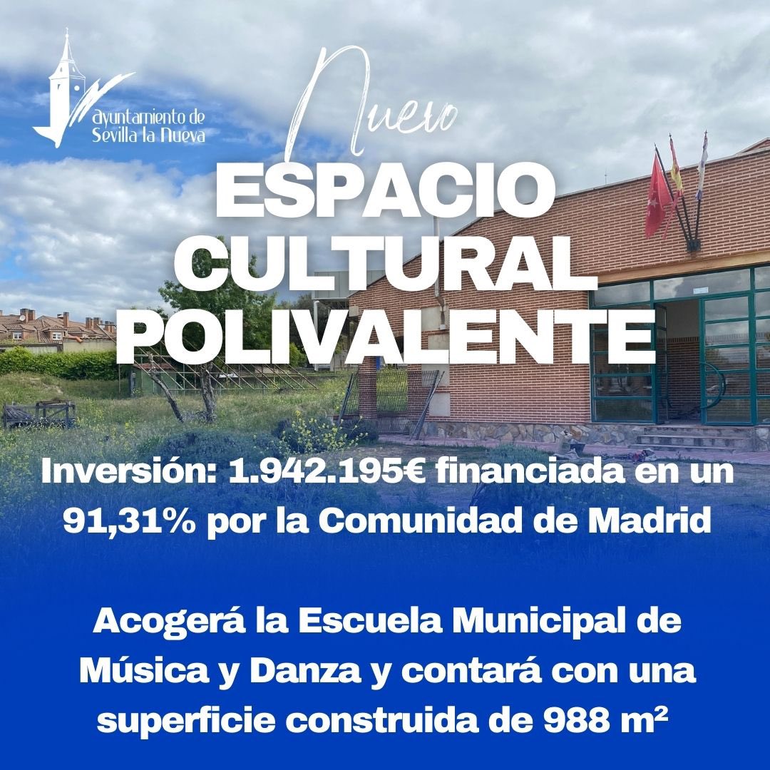 ¡Un nuevo capítulo para la cultura en Sevilla la Nueva! Arrancan las obras del nuevo Espacio Cultural Polivalente.

￼Gracias al apoyo de la Comunidad de Madrid, que financia el 95% de este proyecto, con un presupuesto de 1.942.195 euros.

+ Info: bit.ly/NuevoCentroCul…
