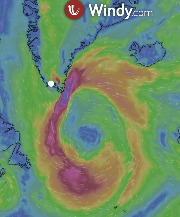 climate_ice's tweet photo. wind is howling off of the SE tip of Greenland, not all that abnormal for the N Atlantic. Winds at our target site to arrive in 1 hour are moderate to strong. #DataRescue @PromiceGL https://t.co/cREP3oNE3O