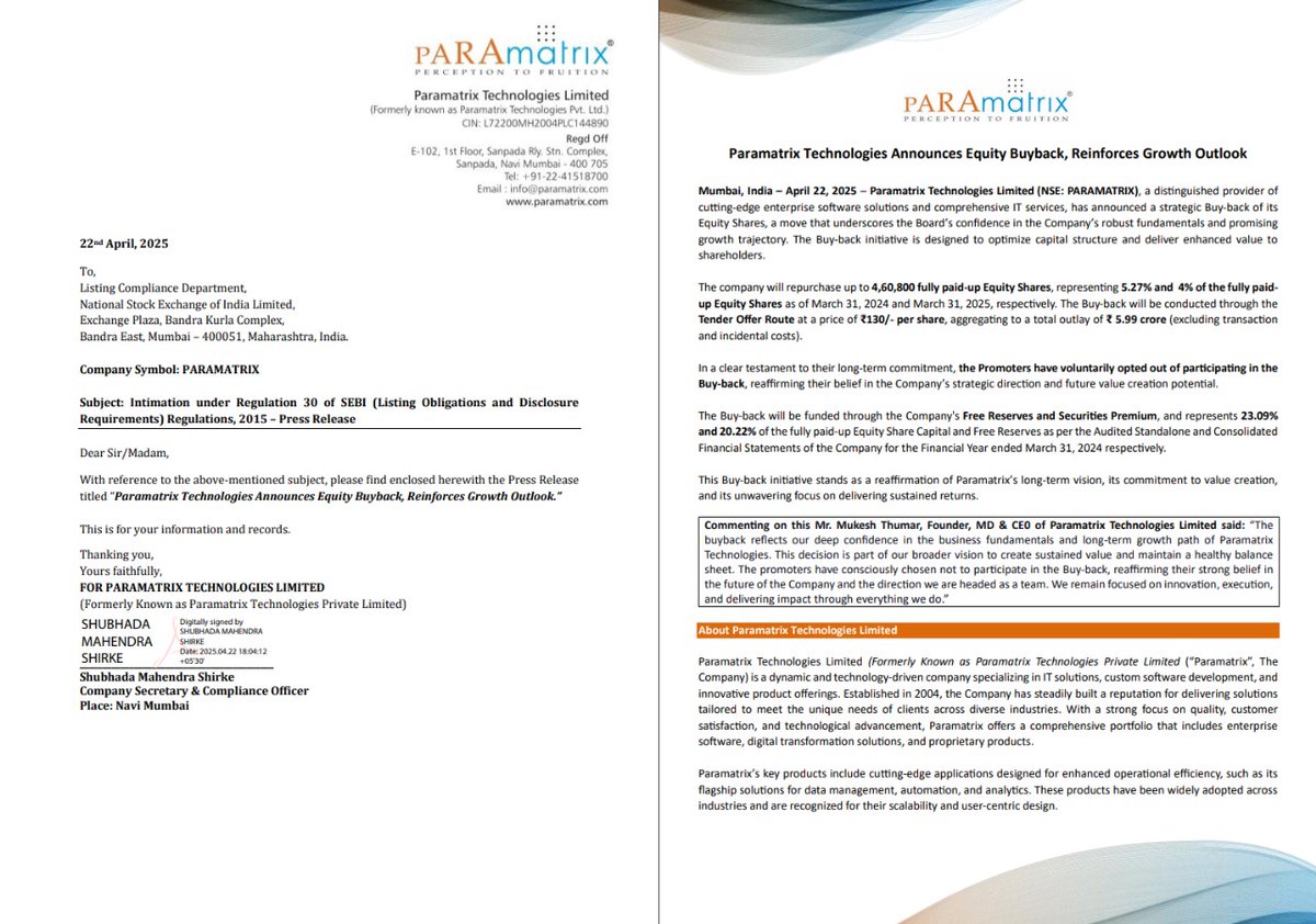 AvinashGoraksha's tweet image. #ParamatrixTechnologiesLimited

Paramatrix Technologies announces an equity buyback of up to 4,60,800 shares (₹130/share) via Tender Offer, totaling ₹5.99 Cr. Buyback to be funded through free reserves and securities premium.

#Paramatrix #Buyback #ShareholderValue