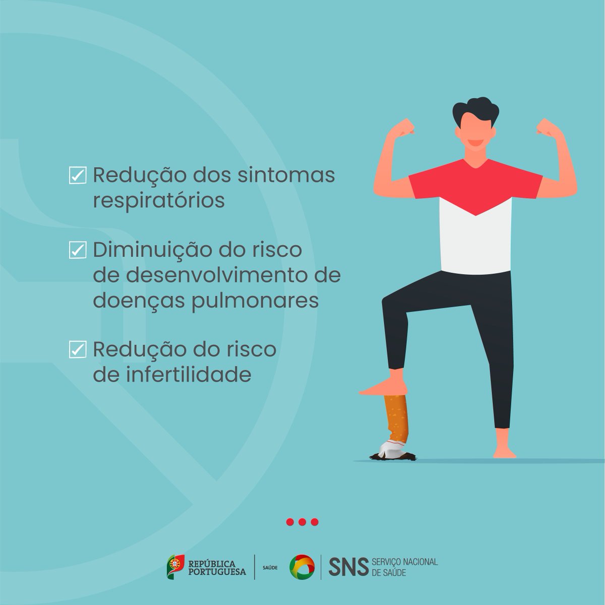 SNS_Portugal's tweet photo. Sabia que parar de fumar diminui o risco de doença cardíaca e de doença pulmonar? Lembre-se: não fumar é a melhor decisão para proteger a sua saúde e a das outras pessoas. 🚬❌ #Saúde #SNS #NãoFumador #Tabaco #SemTabaco
©👉 @DGSaude https://t.co/gYkkguiNQE