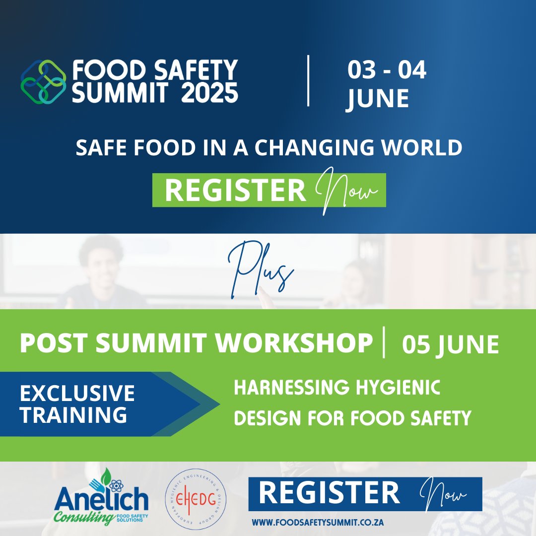 Exciting topics &amp; great specials at the Food Safety Summit! Register: bit.ly/3QvK5Jt
PLUS, exclusive hygienic design training by Anelich Consulting &amp; EHEDG to boost your safety &amp; compliance. Sign up separately or with the summit at a special rate: bit.ly/3QvK5Jt