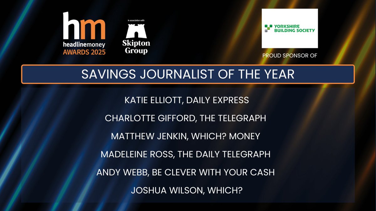 Next up is Savings Journalist of the Year, sponsored by <a href="/Yorkshire_BS/">Yorkshire Building Society</a> <a href="/YBS_PressOffice/">Yorkshire Building Society Press Office</a>! 
 
 Congratulations to Andy Webb, <a href="/charlotte_giff/">Charlotte Gifford</a>, <a href="/JournalistJosh1/">Joshua Wilson</a>, Katie Elliott, <a href="/journomadeleine/">Madeleine Ross</a> &amp; <a href="/matthewjenkin/">Matthew Jenkin</a> 👏
 
 tinyurl.com/3wkkrzkp