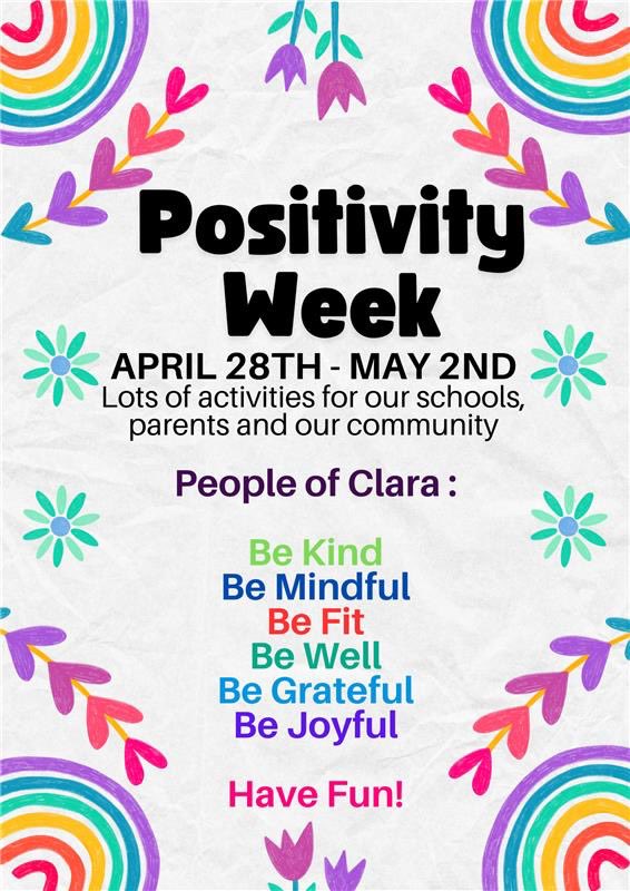 On our return after the Easter Holidays we have Positivity Week to look forward to. There will be activities for the students of our schools, parents and all of our community. Please support and join in
￼