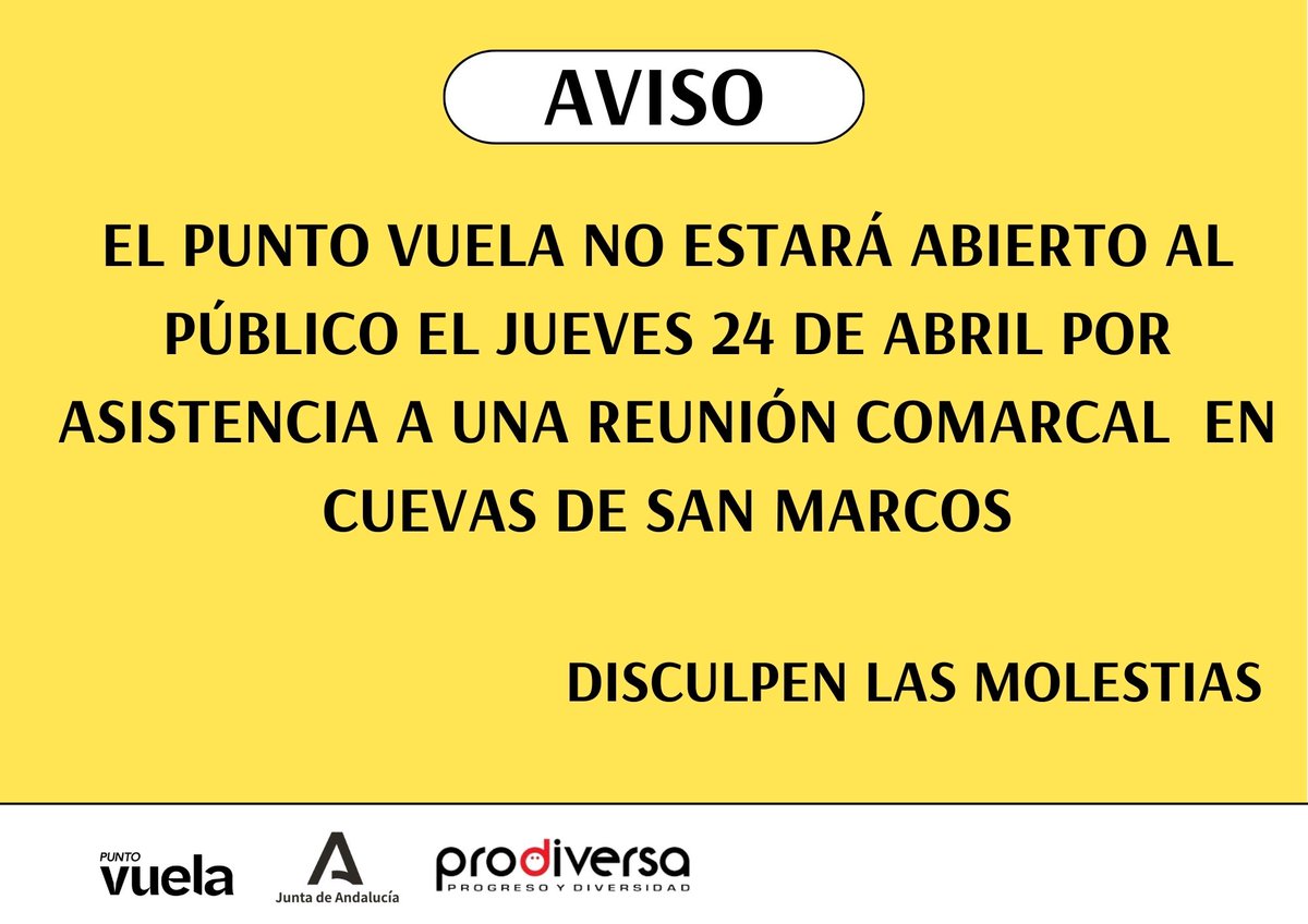 Punto Vuela PalmaPalmilla (@pvpalmapalmilla) on Twitter photo Mañana jueves 24 de Abril el Punto Vuela no estará abierto al público por asistencia a una reunión comarcal en <a href="/PuntoVuelaCSM/">Punto Vuela Cuevas de San Marcos</a> ¡Volvemos el viernes para atenderles en nuestro horario habitual! <a href="/PuntosVuela/">Puntos Vuela</a> <a href="/Manuel_DT/">Manuel Rodríguez</a> <a href="/Prodiversa/">PRODIVERSA</a> Mañana jueves 24 de Abril el Punto Vuela no estará abierto al público por asistencia a una reunión comarcal en <a href="/PuntoVuelaCSM/">Punto Vuela Cuevas de San Marcos</a> ¡Volvemos el viernes para atenderles en nuestro horario habitual! <a href="/PuntosVuela/">Puntos Vuela</a> <a href="/Manuel_DT/">Manuel Rodríguez</a> <a href="/Prodiversa/">PRODIVERSA</a>