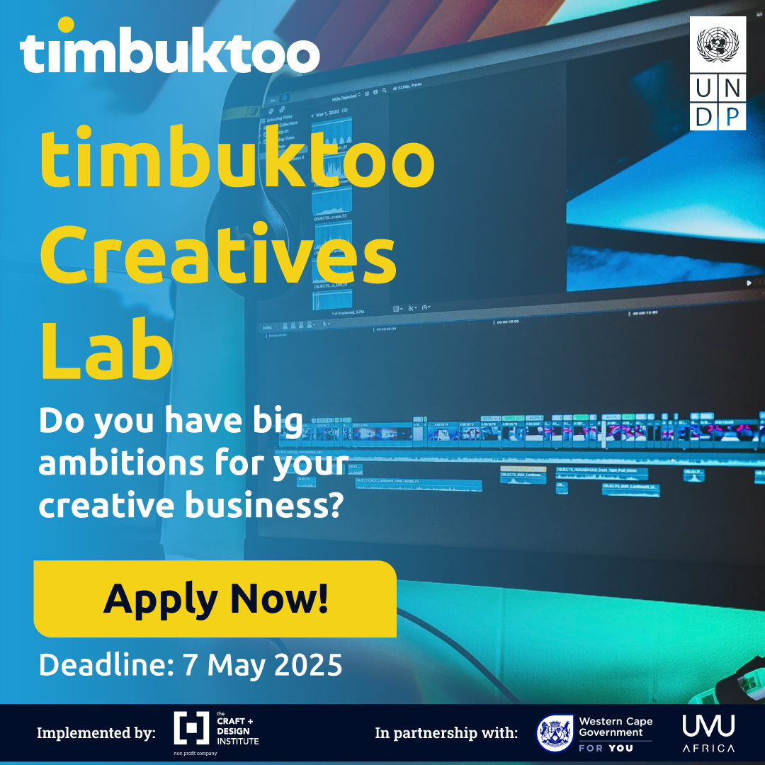 Craft + Design Institute (CDI) (@craft_anddesign) on Twitter photo Applications are open for the United Nations Development Programme’s (UNDP) timbuktoo Creatives Lab!
This accelerator programme is designed to help 15 high-potential creative businesses thrive in 2025.
See: thecdi.org.za/page/timbuktoo
<a href="/UNDPSouthAfrica/">UNDP South Africa</a>
<a href="/UVUAfrica/">UVU Africa</a>
<a href="/WesternCapeGov/">Western Cape Gov</a> Applications are open for the United Nations Development Programme’s (UNDP) timbuktoo Creatives Lab!
This accelerator programme is designed to help 15 high-potential creative businesses thrive in 2025.
See: thecdi.org.za/page/timbuktoo
<a href="/UNDPSouthAfrica/">UNDP South Africa</a>
<a href="/UVUAfrica/">UVU Africa</a>
<a href="/WesternCapeGov/">Western Cape Gov</a>