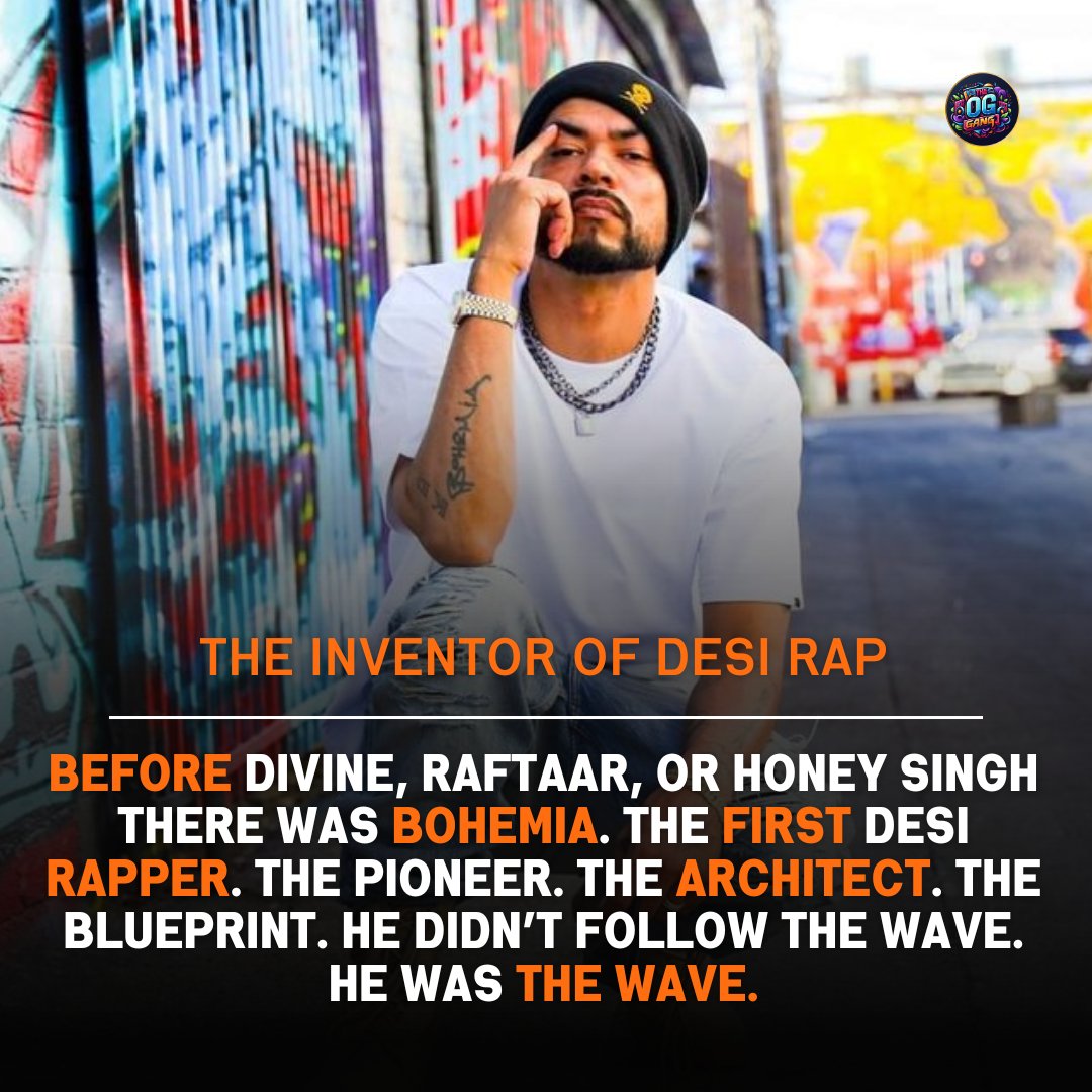The_OG_GANG's tweet image. 1. 
The Man Before the Mic

Before Divine, Raftaar, or Seedhe Maut—there was Bohemia.
The first desi rapper.
The pioneer.
He didn’t follow the wave.
He was the wave.