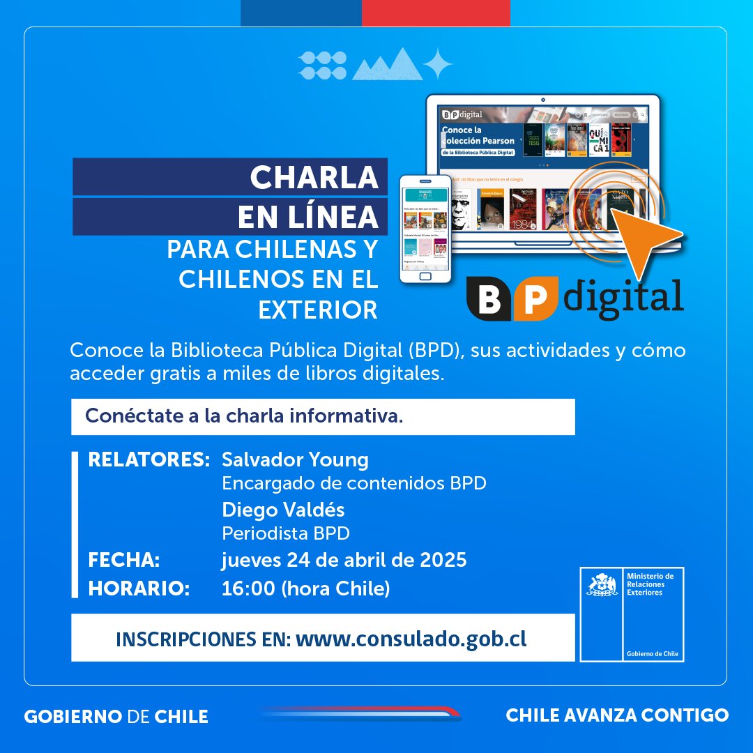 ✈️🌎 ¿Vives fuera de Chile? ¡Te tenemos una gran noticia!
Este Día del Libro, la <a href="/BPDigital_cl/">Biblioteca Pública Digital</a>  llega hasta donde estés 🌍📱
🗓️ Acompáñanos en nuestra charla en línea pensada especialmente para ti, chilena o chileno en el exterior.
Inscríbete en 👉 bit.ly/3U5YDlS
