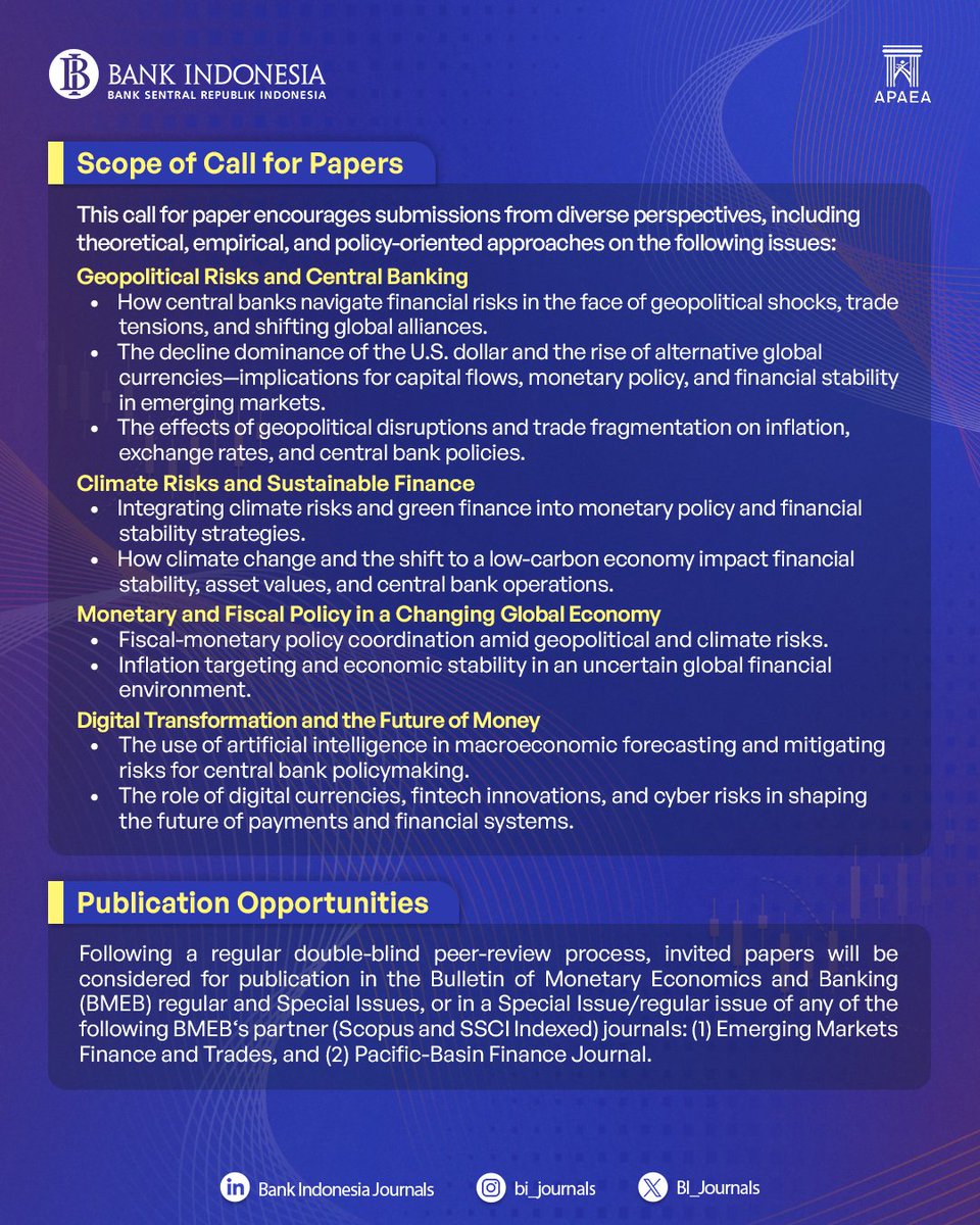 BI_Journals's tweet photo. The BMEB is now accepting paper submissions. Theme: Geopolitics, Climate Risks, and Digitalisation: The Future of the Central Banking.

Submission due: July 1, 2025.
https://t.co/yr8WteqsTG

#BMEB2025 #CallForPapers https://t.co/sXzOLhf92Y