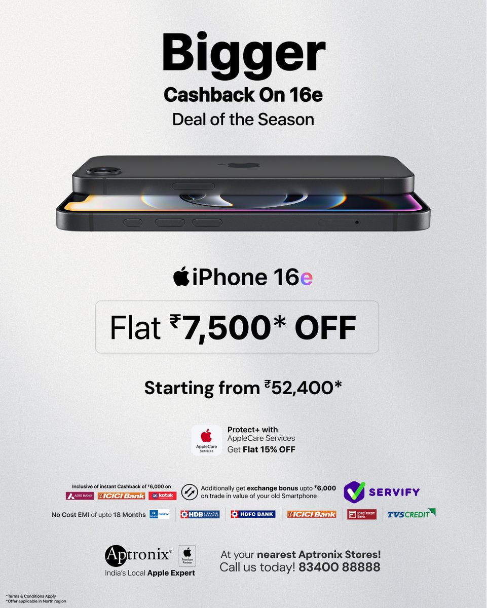 Cashback just got BIGGER! 🎉
Buy iPhone 16e and get Flat ₹7,500* OFF
Store locator link - aptronixindia.com/store-locator
Inclusive of Instant Cashback of up to ₹6,000*
*Offer applicable in North Region
(iPhone, Aptronix, Apple, Apple Phone, Apple Smartphone, iPhone 16e, Cashback)
