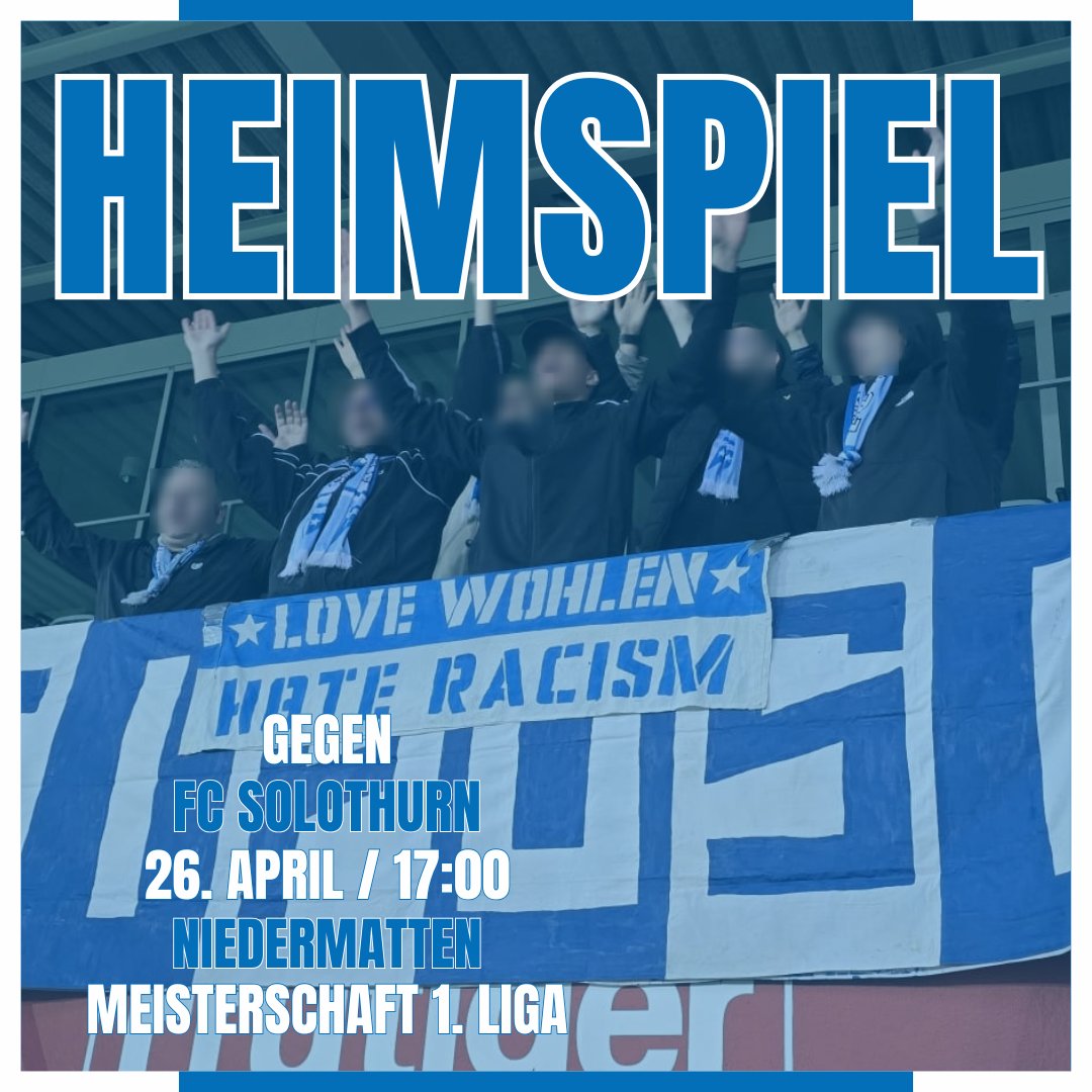 Der Traum von den Aufstiegsspielen lebt. 6-Punkte-Spiel gegen Solothurn, fünf Spieltage vor Saisonende, Heimspiel. Alles geben!

Deshalb: Alli cho! Yalla FC Wohle!