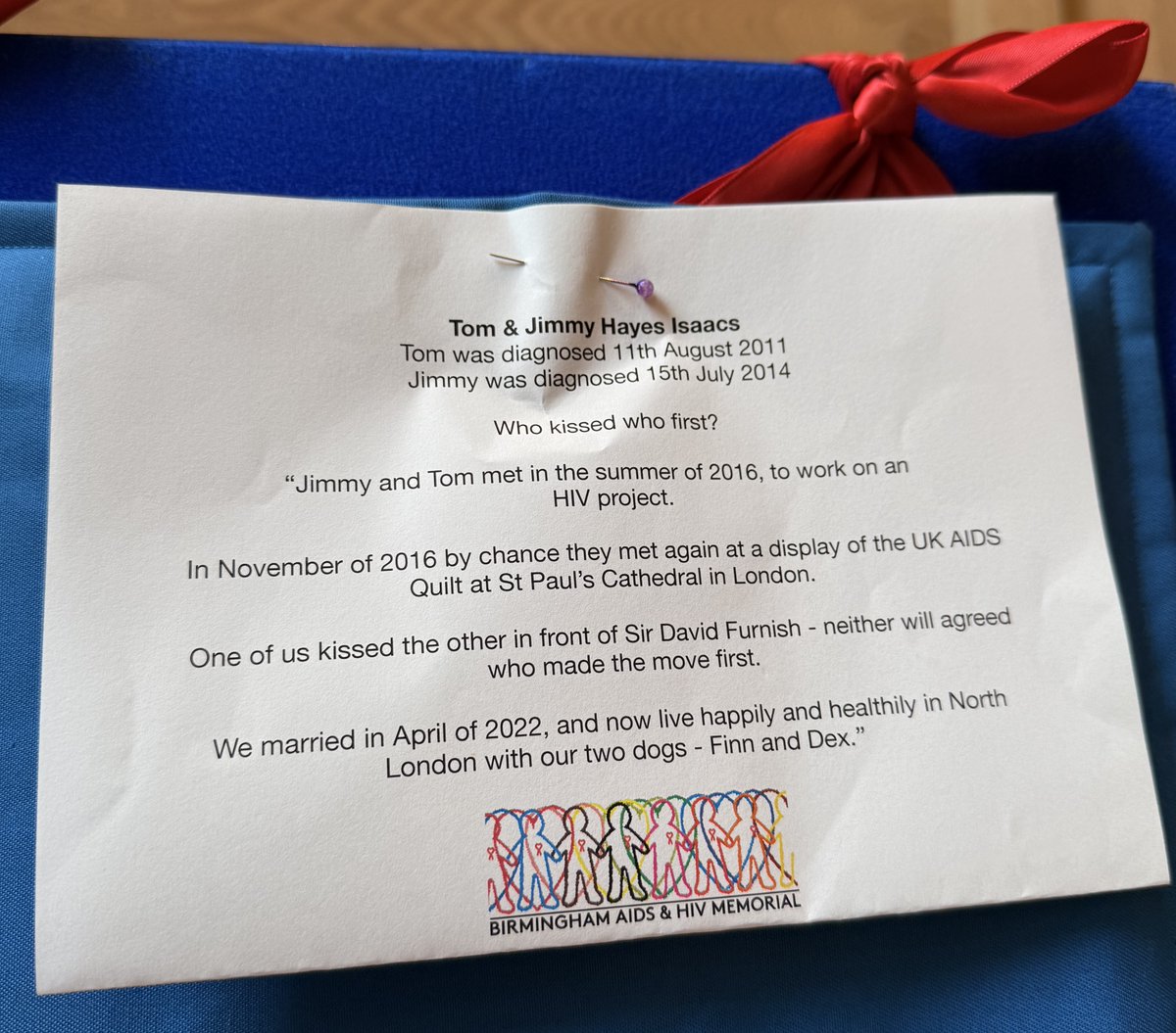 Our Comms Manager Tom was so proud to see his 'Cover-Up Quilt' on display at the <a href="/BritishHIVAssoc/">BHIVA</a> #BHIVA conference in Brighton.

The quilt symbolises the start of his and Jimmy's relationship when we kissed at the UK AIDS Quilt showing at St Paul's Cathedral in 2016. ♥️
