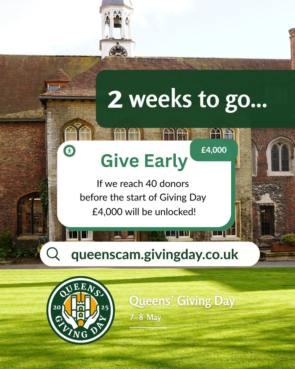 QueensCam's tweet photo. 🎯 Give Early, Make It Count
If we reach 40 donors before 7 May, we’ll unlock an extra £4,000 for Queens’.
The clock’s ticking ⏳
Will you be one of the first?
👉 https://t.co/u3QIWTSG8n
#QueensGivingDay #SupportQueens #GiveEarlyChallenge https://t.co/DN85LYDuXl
