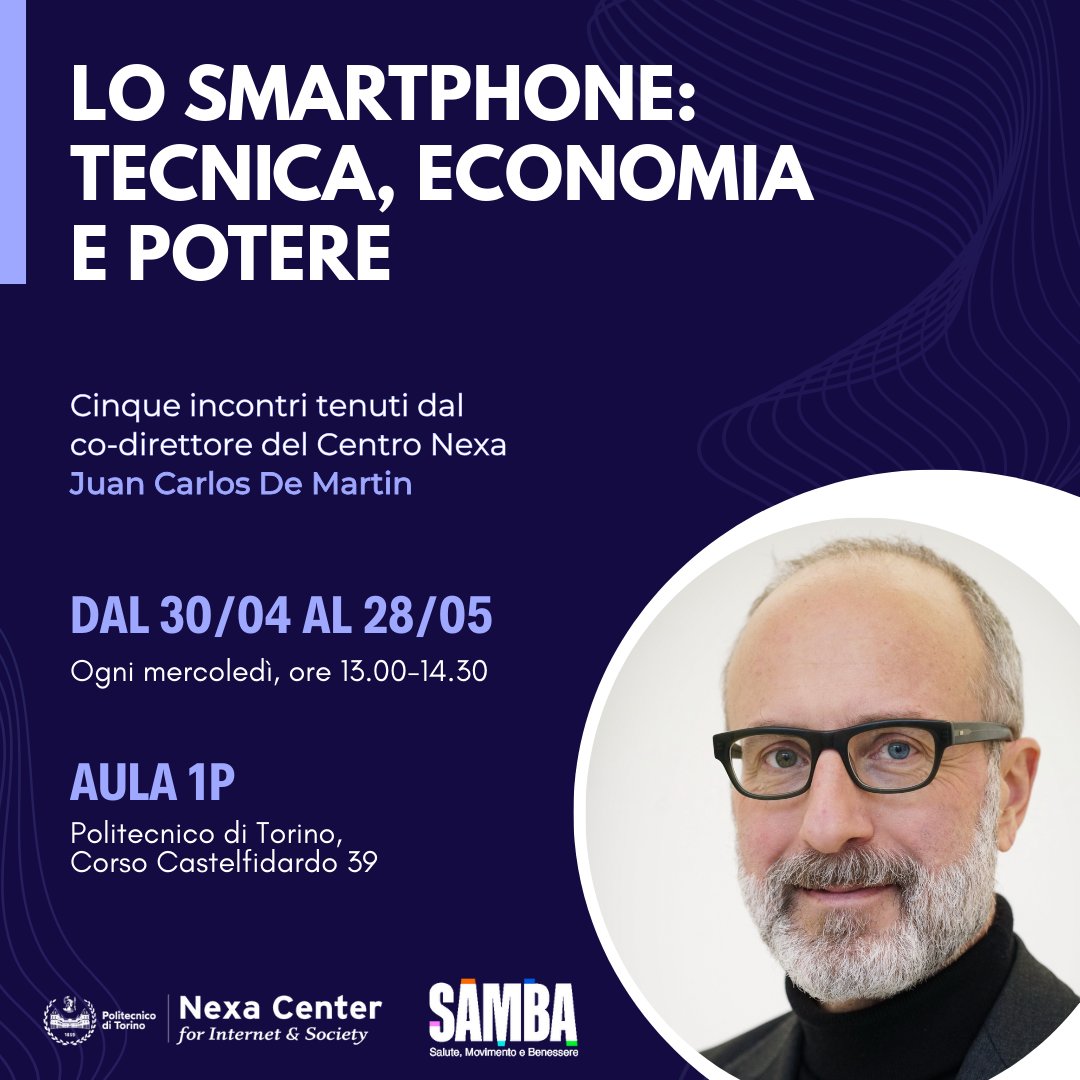 Nexa Center (@nexacenter) on Twitter photo "Lo #smartphone: #tecnica, #economia e #potere"
🗓️Ogni mercoledì, dal 30/04 al 28/05, h13-14.30
📍Aula 1P <a href="/PoliTOnews/">Politecnico di Torino</a>
👉Cinque appuntamenti tenuti dal co-direttore del Centro Nexa <a href="/demartin/">JuanCarlos De Martin</a>, nell'ambito del progetto SAMBA (<a href="/mur_gov_/">Ministero dell'Università e della Ricerca</a>)
ℹ️INFO & ISCRIZIONI: nexa.polito.it/lo-smartphone-… "Lo #smartphone: #tecnica, #economia e #potere"
🗓️Ogni mercoledì, dal 30/04 al 28/05, h13-14.30
📍Aula 1P <a href="/PoliTOnews/">Politecnico di Torino</a>
👉Cinque appuntamenti tenuti dal co-direttore del Centro Nexa <a href="/demartin/">JuanCarlos De Martin</a>, nell'ambito del progetto SAMBA (<a href="/mur_gov_/">Ministero dell'Università e della Ricerca</a>)
ℹ️INFO & ISCRIZIONI: nexa.polito.it/lo-smartphone-…