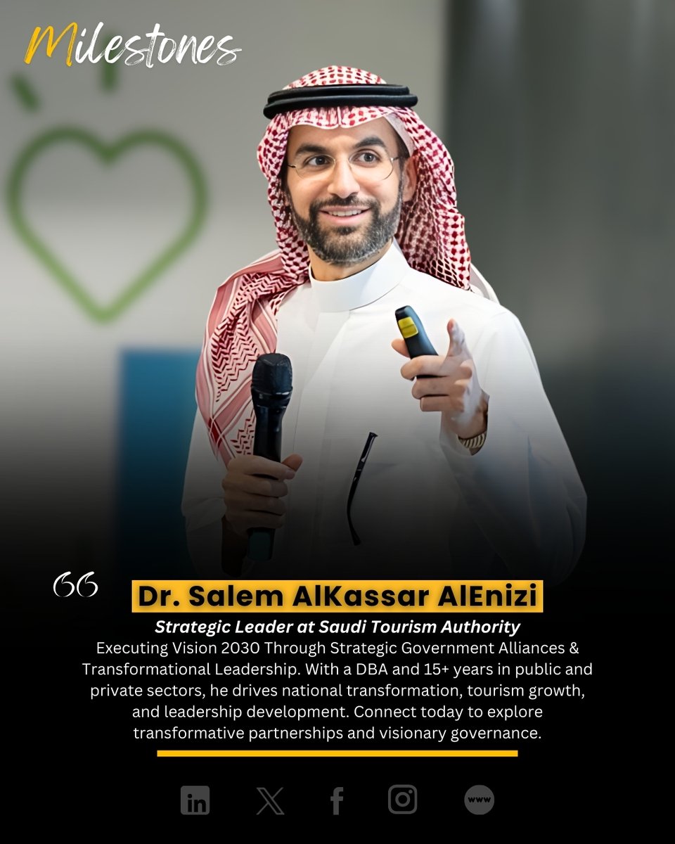 corpmilestones's tweet photo. Dr. Salem Alenizi is driving Vision 2030 as VP of Government Partnerships at STA—leading strategic alliances for tourism growth &amp; economic transformation. 

#Vision2030 #Leadership #GovernmentAlliances #TourismStrategy #Milestones #SaudiArabia4o https://t.co/q5KUvBftlb