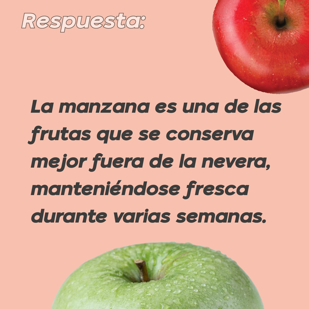 ¿Sabes cuál de estas frutas aguanta más tiempo fuera de la nevera?
 1🍌 Banana
 2🍍 Piña
 3🍎 Manzana
 4🍉 Sandía
Pista: Es conocida por su capacidad de mantenerse fresca durante más tiempo.
Respuesta: La manzana puede mantenerse fresca durante varias semanas fuera de la nevera😊