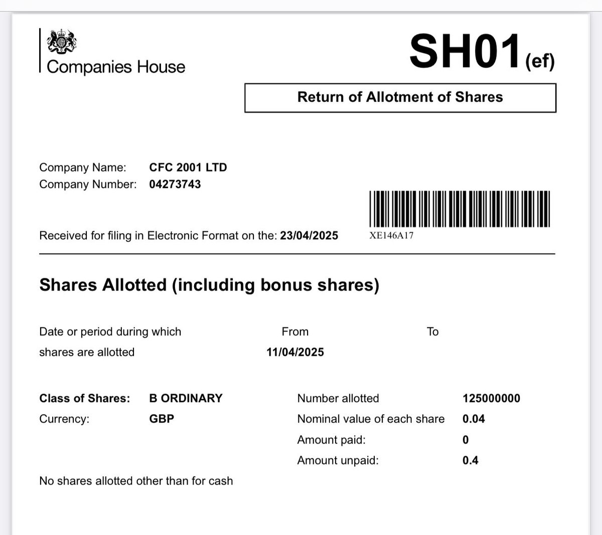 Chesterfield issue 125 million shares at what appears to be 4 pence each