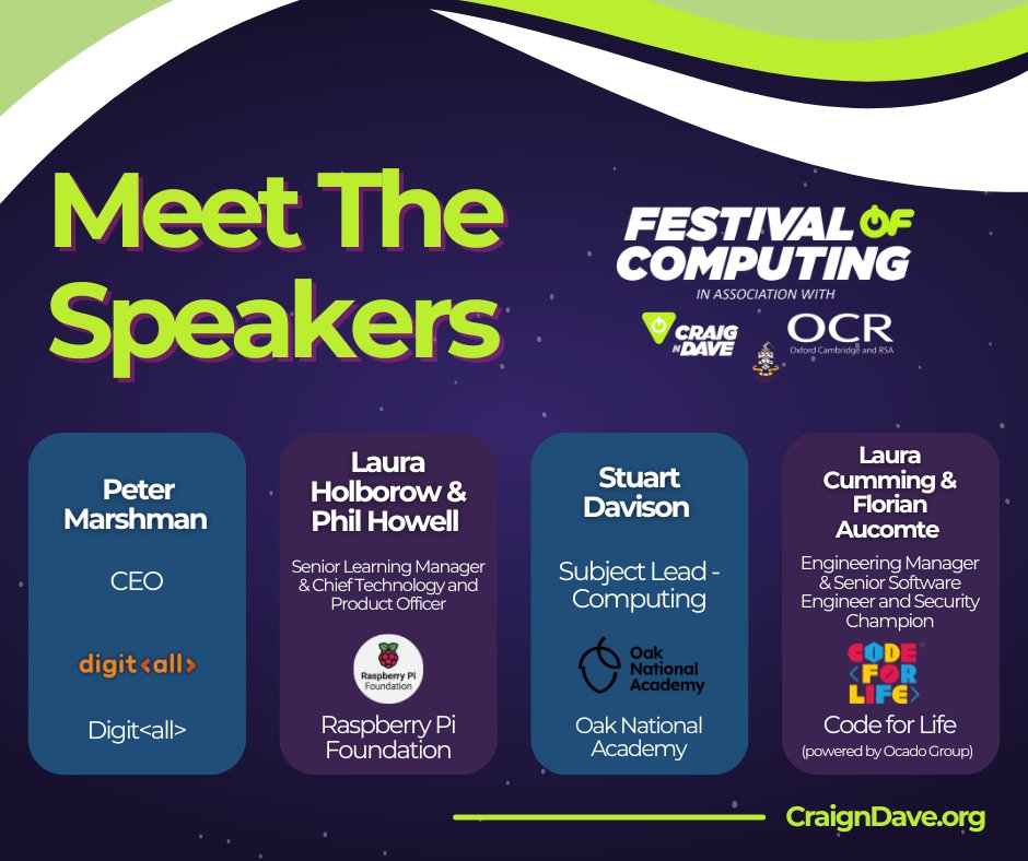 craigndave1's tweet image. Festival of Computing 2025

🗓 2 July
📍 Bromsgrove School
⏰ 8:30–5:30

Hear from @digitallcharity, @RaspberryPi_org, @OakNational &amp;amp; @CodeForLifeUK on all things AI, Python, EcoCode &amp;amp; so many more.

🎟 Get your ticket: craigndave.org/product/festiv… 

#FestivalOfComputing25