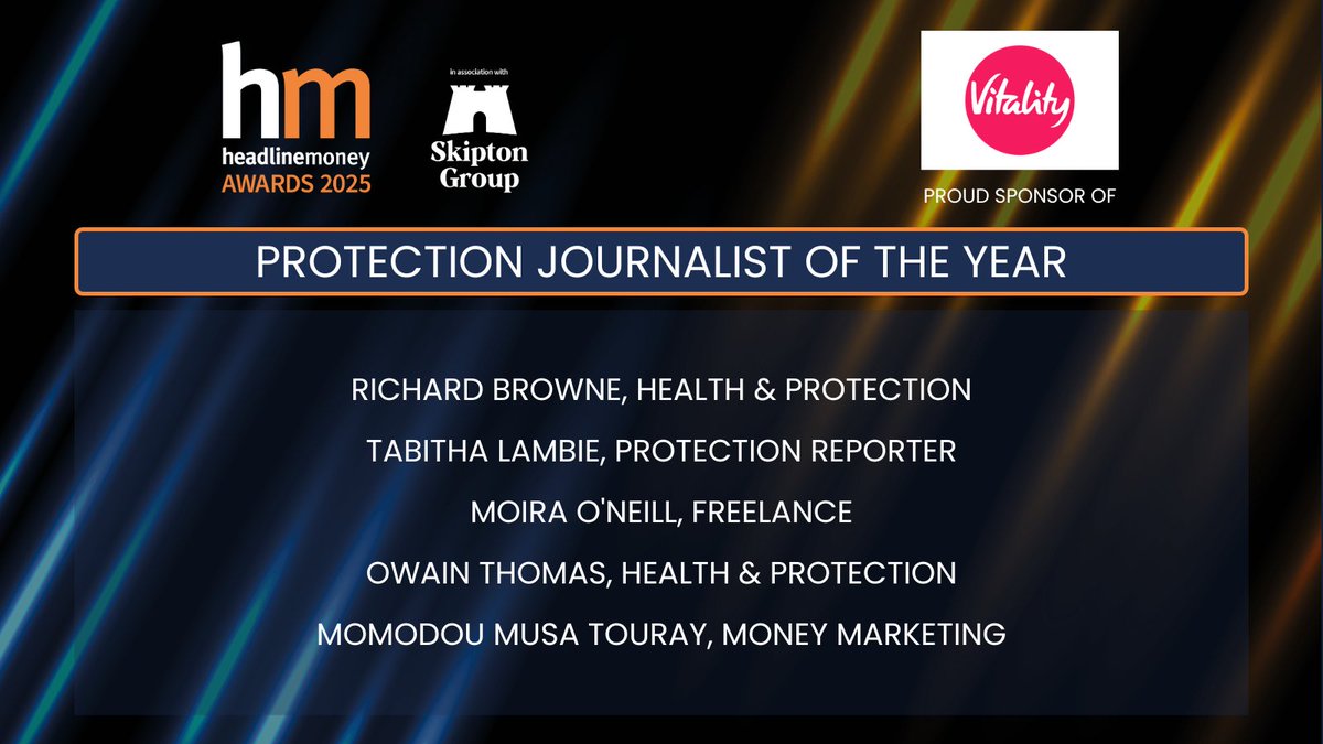 And now the #HMAwards25 shortlist for Protection Journalist of the Year (B2B), sponsored by <a href="/VitalityAdviser/">Vitality Adviser</a>! 
 
 Congratulations to <a href="/MoiraONeill/">Moira O'Neill</a>, <a href="/mmtouray/">Momodou Musa Touray</a>, <a href="/OTJournalist/">Owain Thomas</a>, <a href="/Obedia/">Ricky Browne</a> &amp; <a href="/tabitha_lambie/">Tabitha Lambie</a> 🍾
 
 tinyurl.com/3wkkrzkp