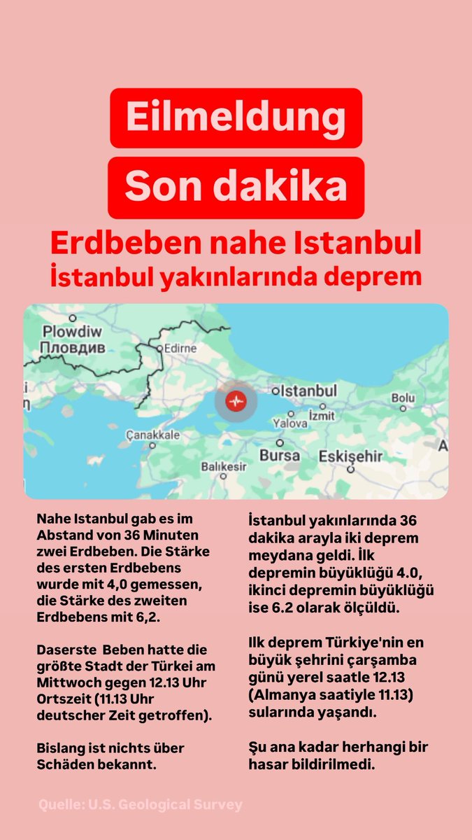 İstanbul yakınlarında 36 dakika arayla iki deprem meydana geldi. İlk depremin büyüklüğü 4.0, ikinci depremin büyüklüğü ise 6.2 olarak ölçüldü.

Şu ana kadar herhangi bir hasar bildirilmedi.

#deprem #erdbeben #türkiye #türkei #istanbul
