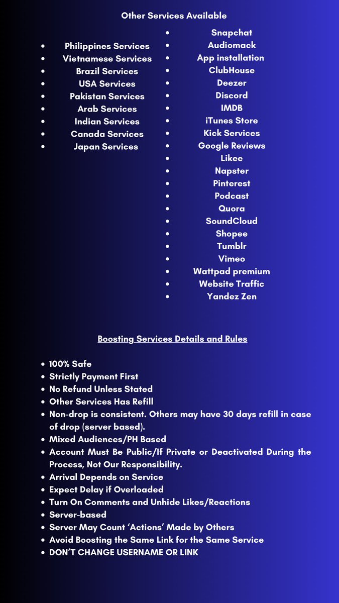 Social Media Boosting Services Available‼️
- 100% safe
- All social media platforms available 
- Discounts can be offered to valued customers

DM/Comment for inquiry

We are happy to help you gain many engagements in all your social medias!