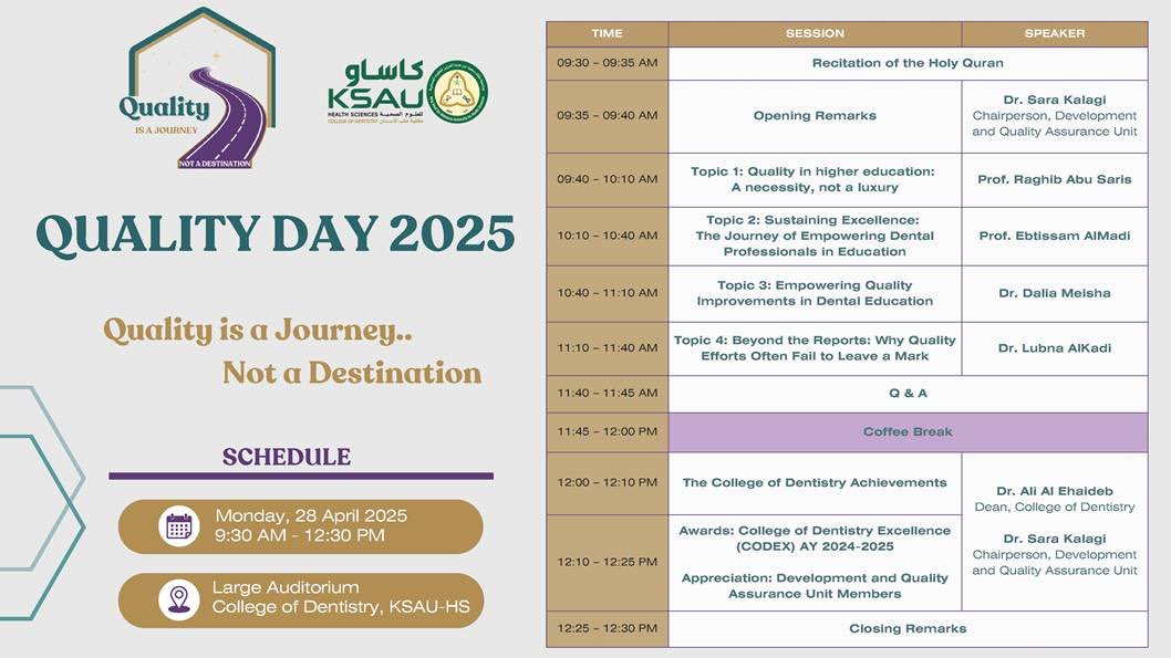 The Development and Quality Assurance Unit at the College of Dentistry, KSAU-HS is pleased to announce

                      COD Quality Day 2025
   - Quality: A Journey, Not a Destination –
 
This annual event aims to raise awareness about the importance of quality, embrace