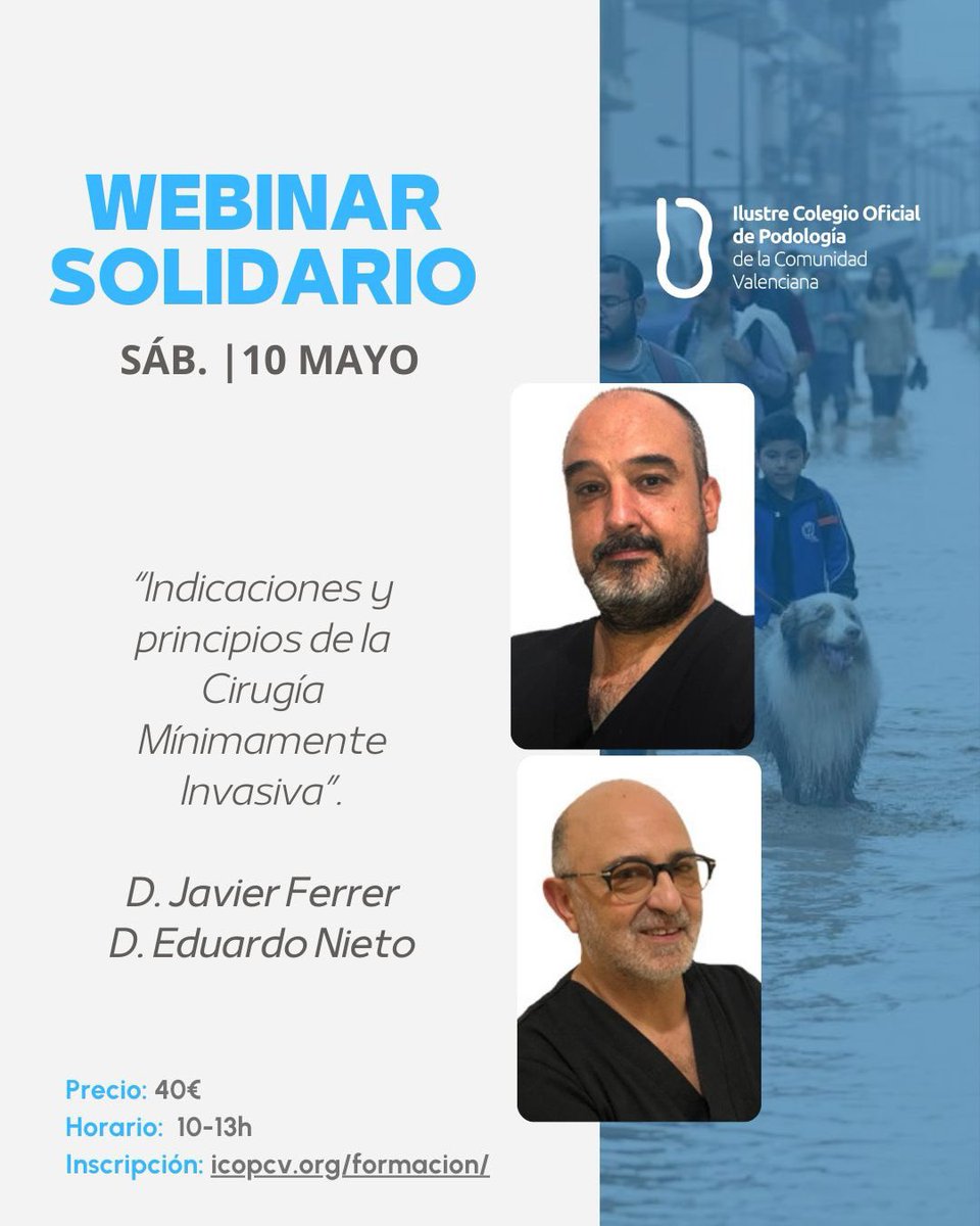 WEBINAR SOLIDARIO 💙 10 mayo | D. Javier Ferrer y D. Eduardo Nieto

“Indicaciones y principios de la Cirugía Mínimamente Invasiva”.

Inscripción 👉 acortar.link/5gIQug

Gracias por uniros a esta iniciativa de apoyo y solidaridad en nuestra comunidad podológica 💙

#somterreta