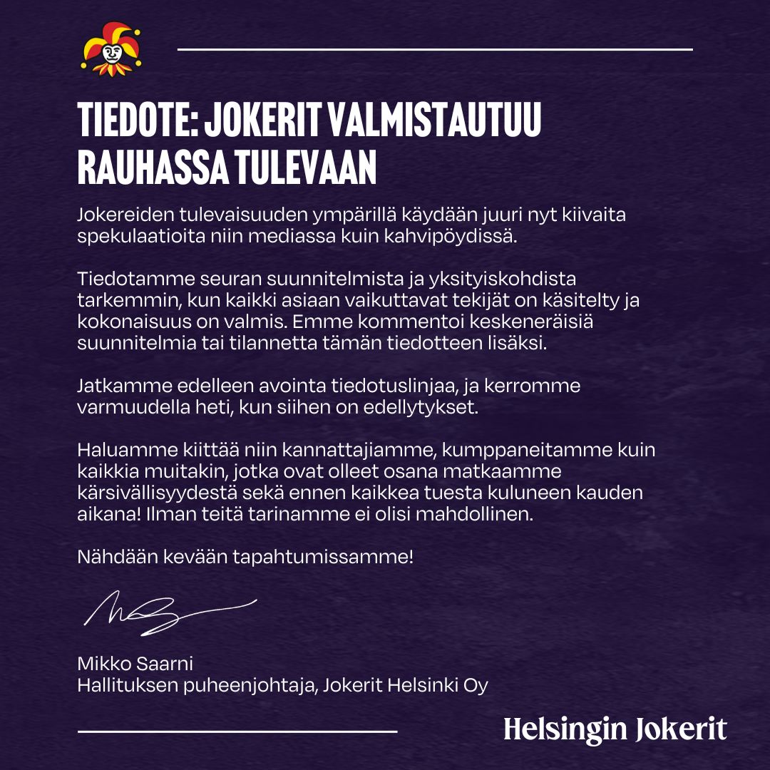 📝 Tiedote: Jokerit valmistautuu rauhassa tulevaan

#Jokerit #OnVainJokerit