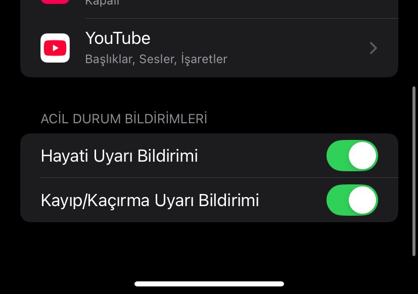 ios içinde bildirimlere girip en aşağıya kaydırdığınızda hayati uyarı bildirimi var açık bırakın onu