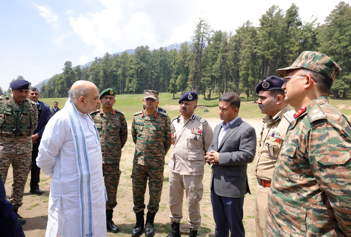 BJP4India's tweet image. Union Home Minister Shri @AmitShah visited the Pahalgam terror attack site and was briefed in detail about the incident by senior officials.