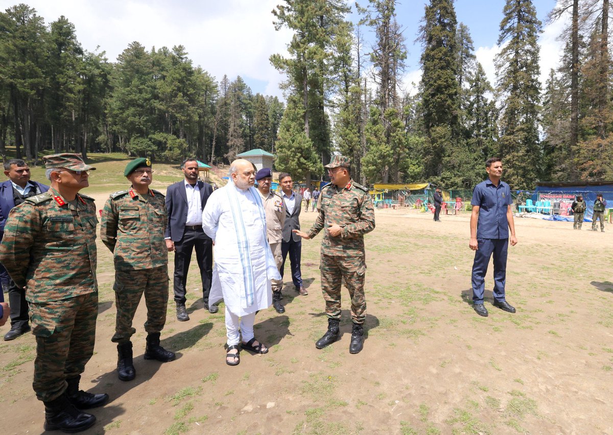 BJP4India's tweet image. Union Home Minister Shri @AmitShah visited the Pahalgam terror attack site and was briefed in detail about the incident by senior officials.