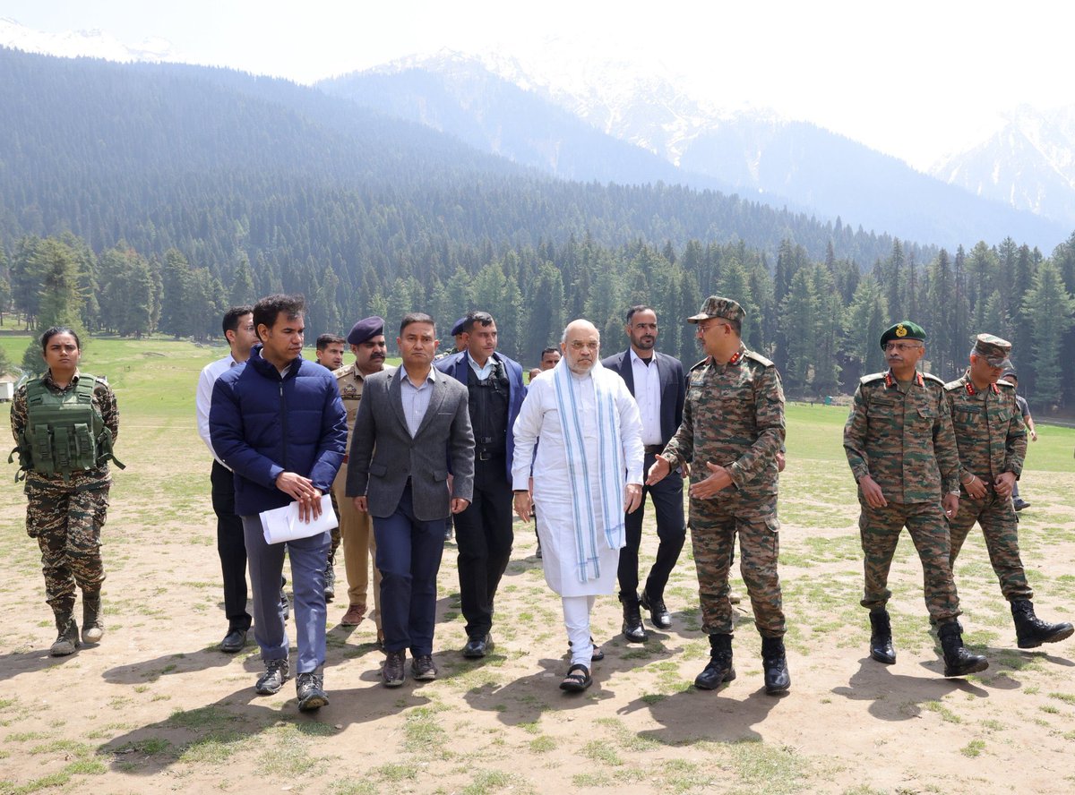 BJP4India's tweet image. Union Home Minister Shri @AmitShah visited the Pahalgam terror attack site and was briefed in detail about the incident by senior officials.