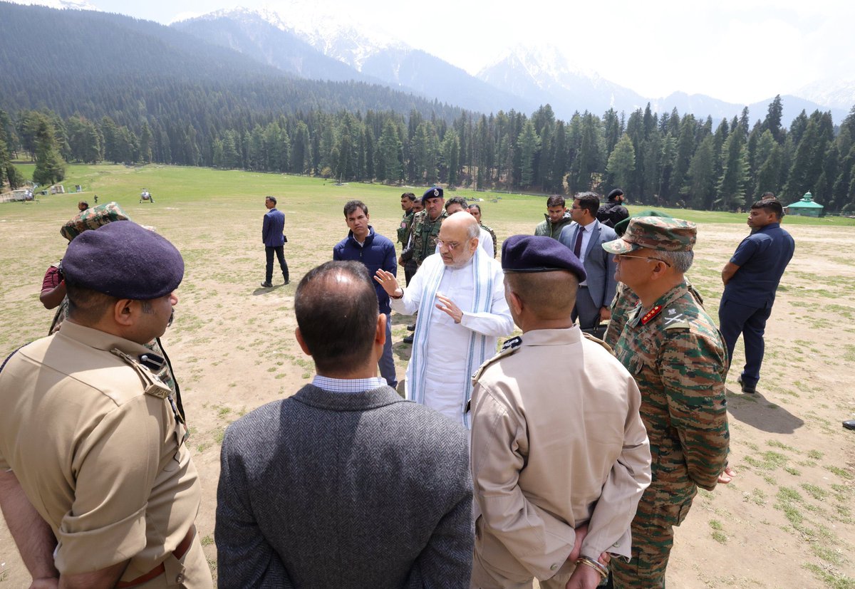 BJP4India's tweet image. Union Home Minister Shri @AmitShah visited the Pahalgam terror attack site and was briefed in detail about the incident by senior officials.