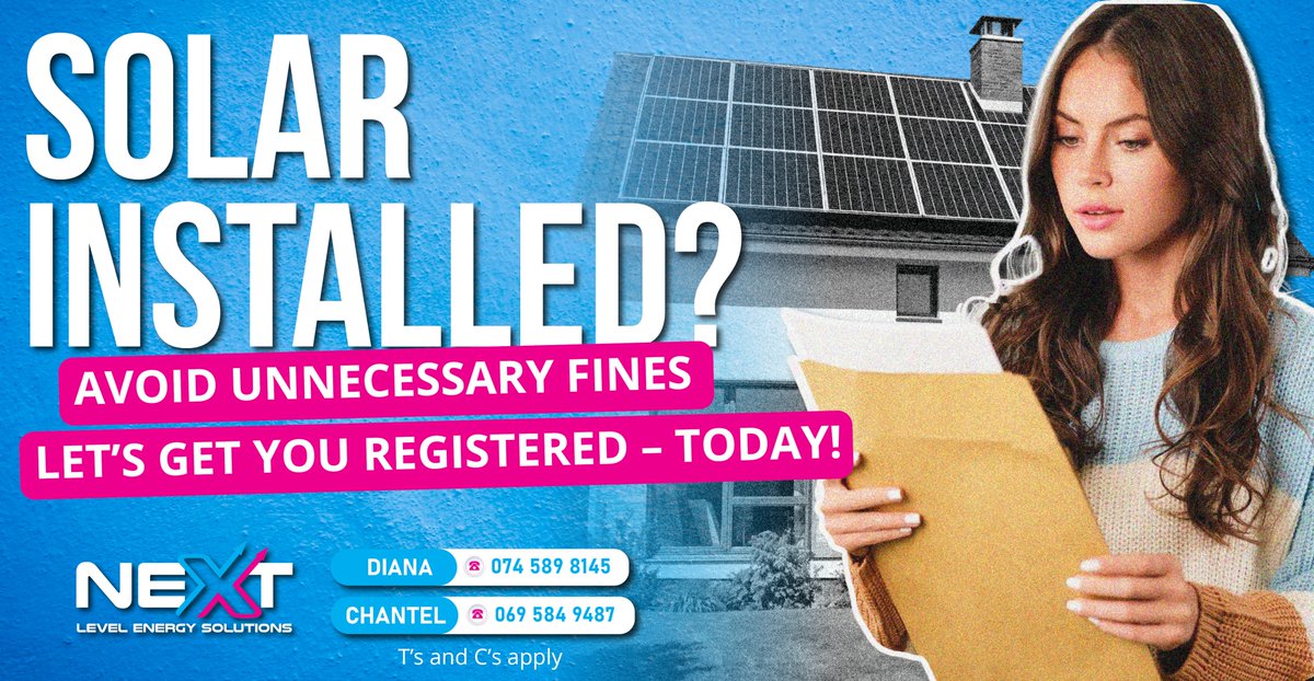 nxtlevsolutions's tweet image. ☀️ Got Solar? Let’s Get You Registered – FAST!
Avoid fines and let us handle your CENTLEC &amp;amp; ESKOM paperwork. Quick. Easy. Done. ✅
📞 Call Diana or Chantel today!

#SolarSorted #AvoidTheFines #NextLevelEnergy #Centlec #Eskom #BloemSolar #GoGreenSA