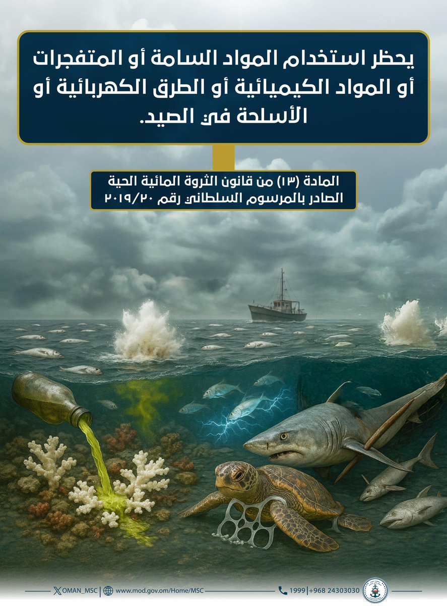 #توعية_قانونية

يحظر استخدام المواد السامة أو المتفجرات أو المواد الكيميائية أو الطرق الكهربائية أو الأسلحة في الصيد.

المادة (١٣) من قانون الثروة المائية الحية الصادر بالمرسوم السلطاني رقم ٢٠١٩/٢٠
